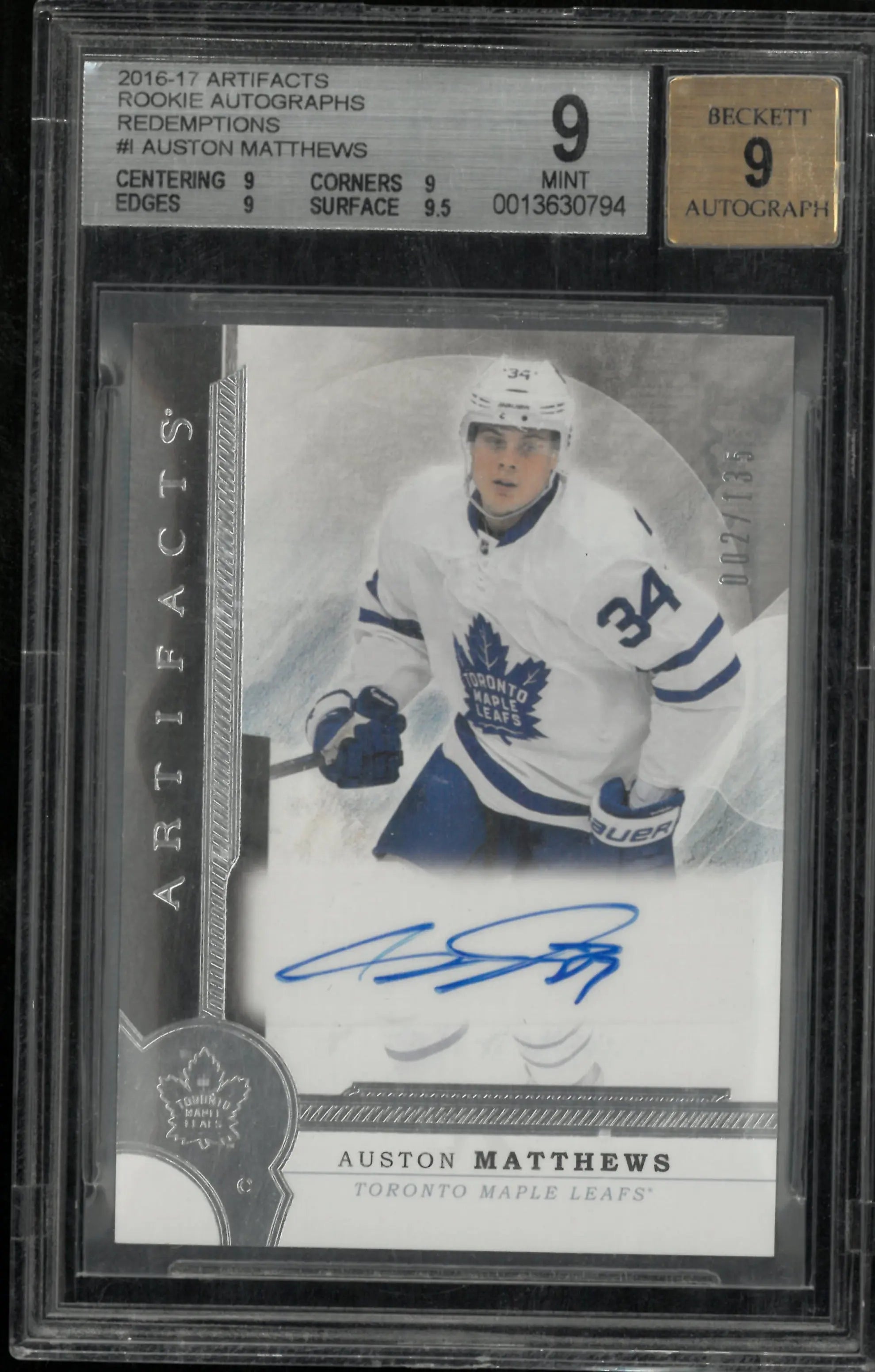 Auston Matthews RC Rookie BGS 9 Auto 9 2016-17 Artifacts Autographs Redemptions 