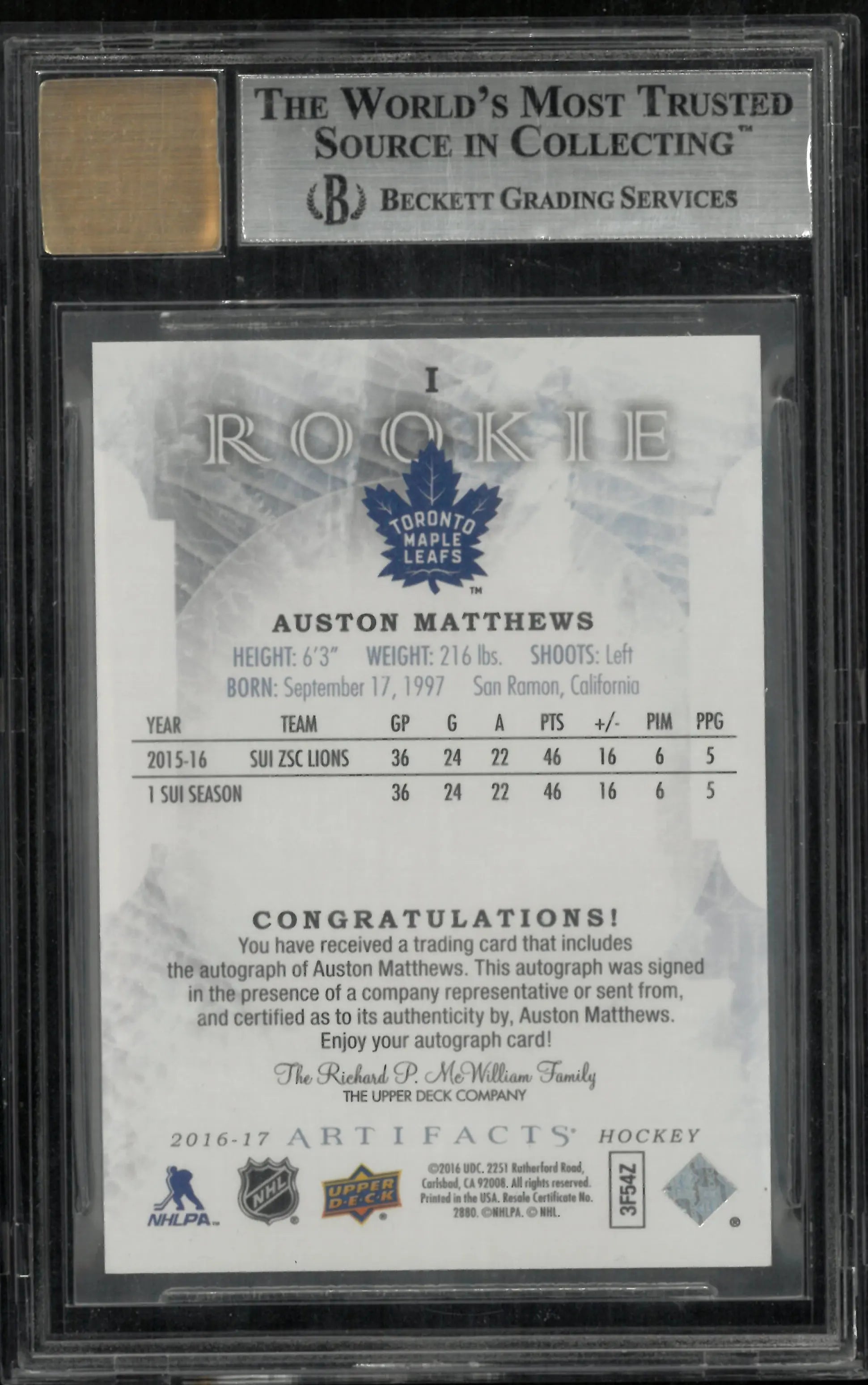 Auston Matthews RC Rookie BGS 9 Auto 9 2016-17 Artifacts Autographs Redemptions 