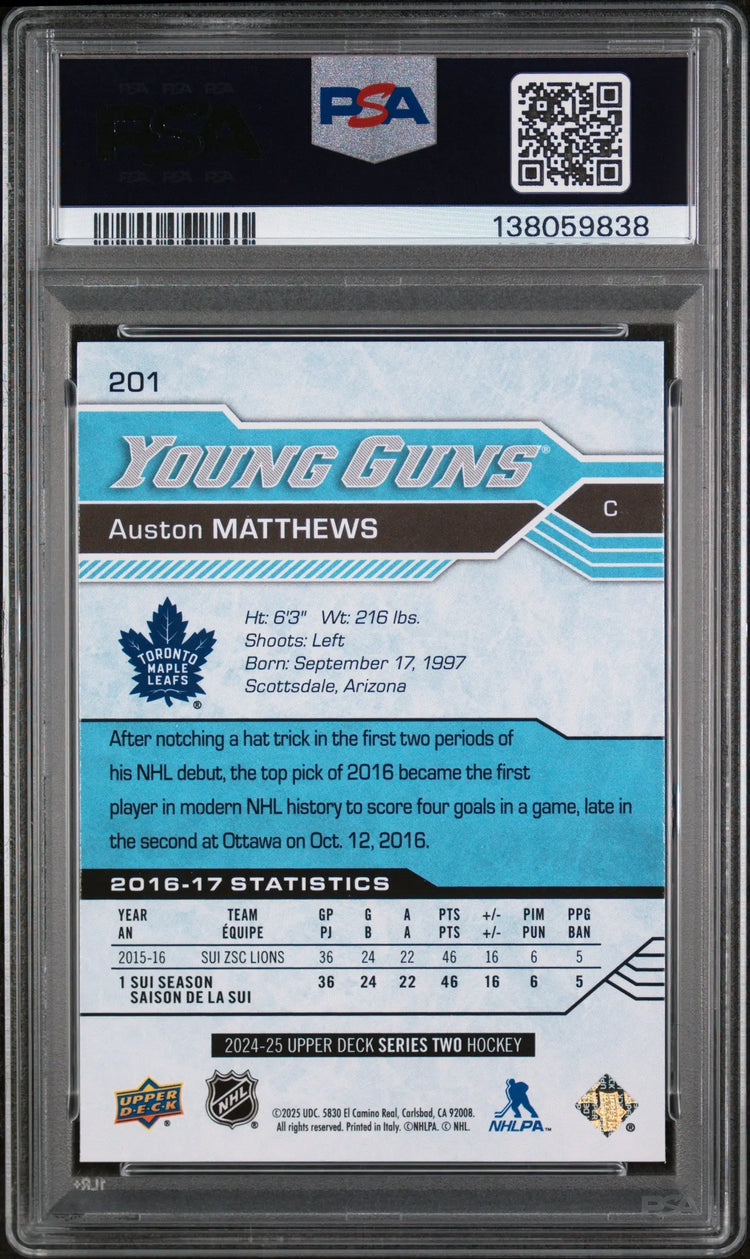 Auston Matthews #201 PSA 10 2024-25 RC Rookie Upper Deck Young Guns Renewed 