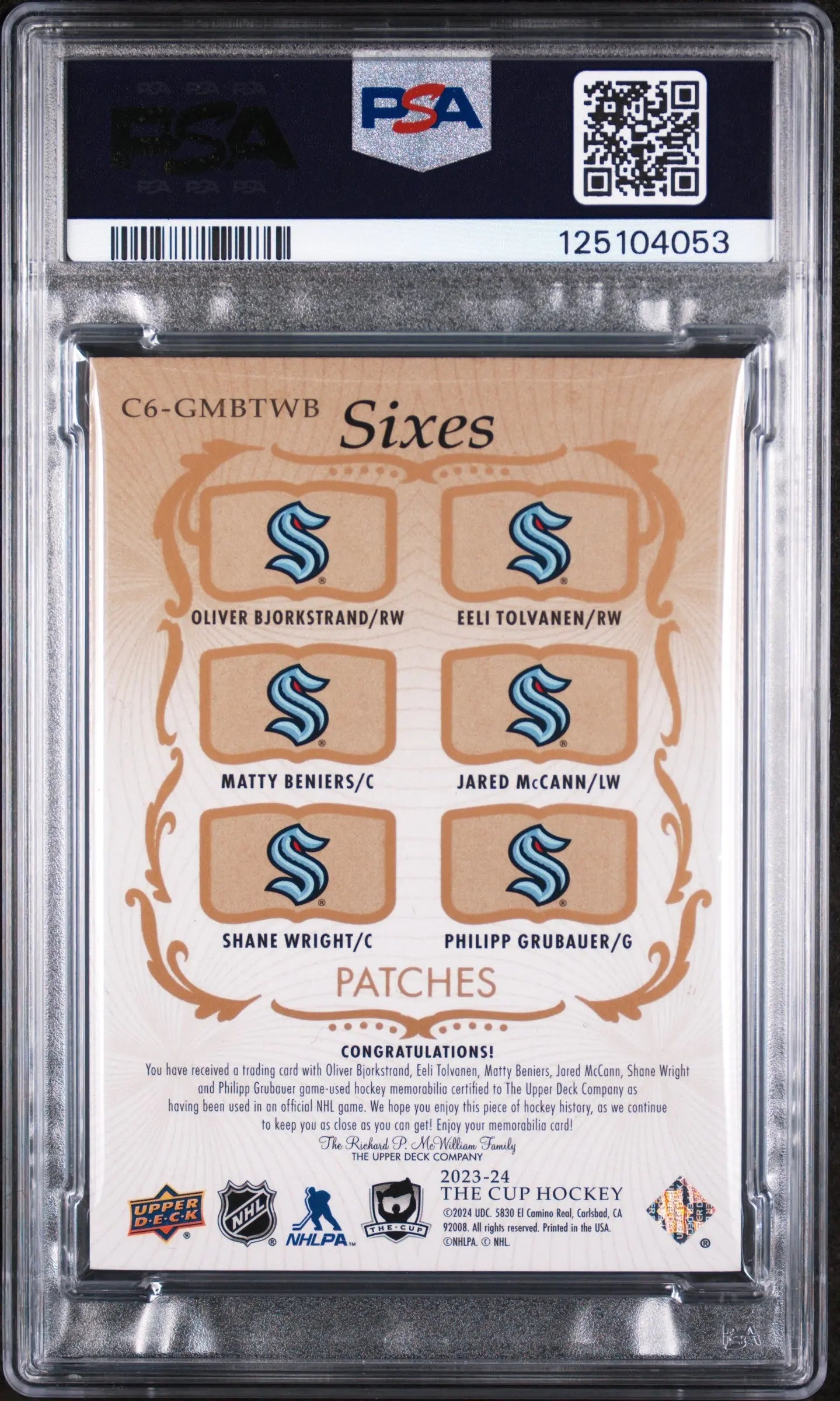 Beniers Wright Grubauer Kraken /3 SIXES PATCH UD The Cup 2023-24 3CLR PSA 8 