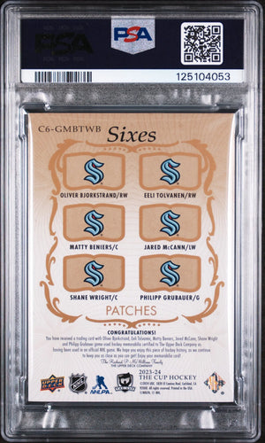 Beniers Wright Grubauer Kraken /3 SIXES PATCH UD The Cup 2023-24 3CLR PSA 8 
