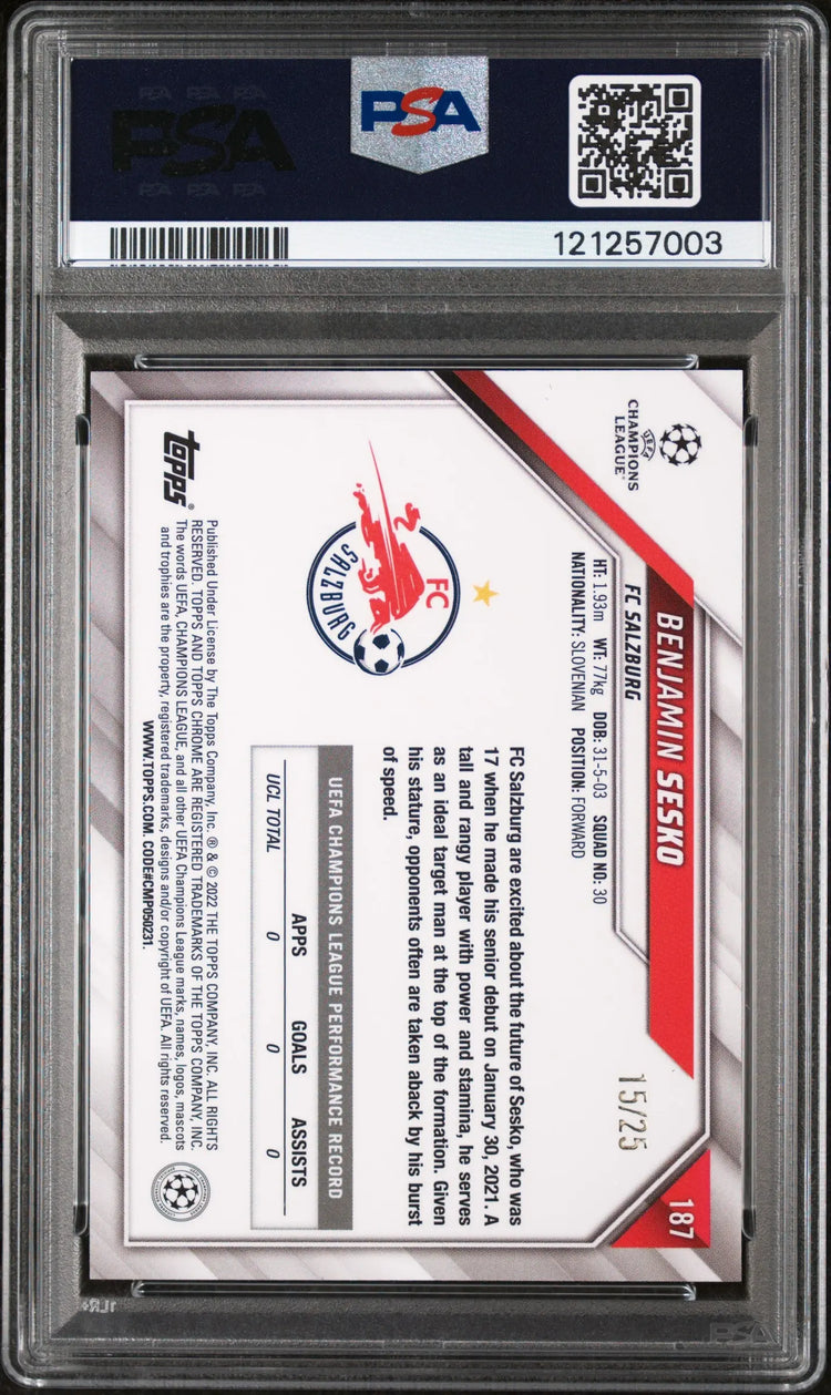 Benjamin Sesko PSA 10 /25 Orange 2021-22 Topps Chrome UCL Orange Refractor 