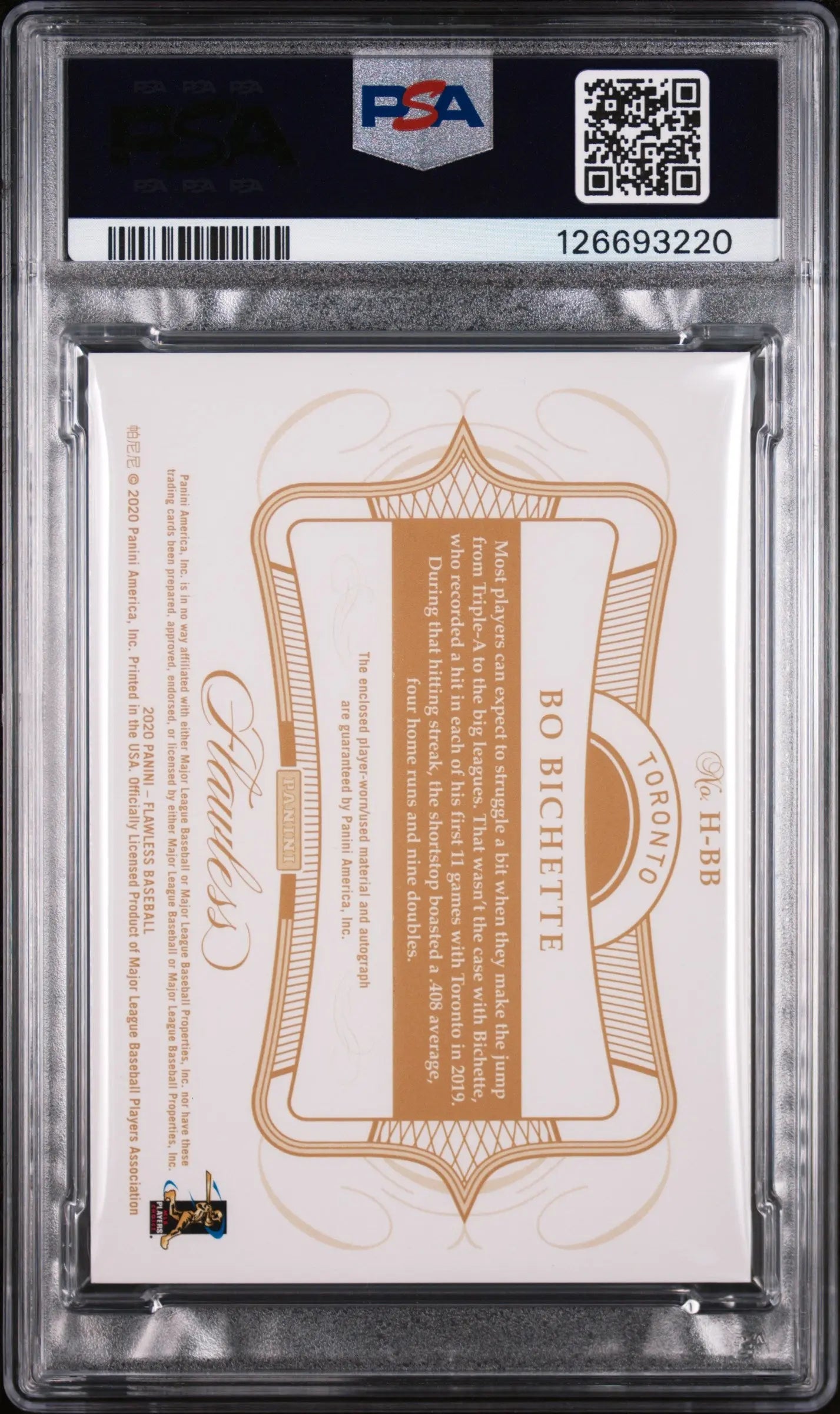 Bo Bichette /15 Patch Auto 2020 Flawless PSA 8 RC Rookie Autograph Horizontal 