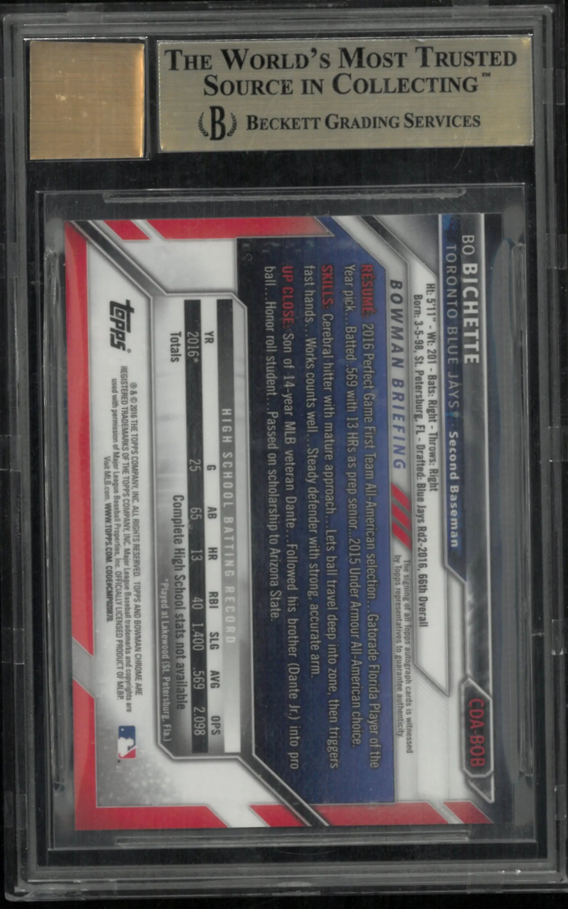 Bo Bichette 1st Auto RC BGS 9.5 Rookie 2016 Bowman Chrome Draft 