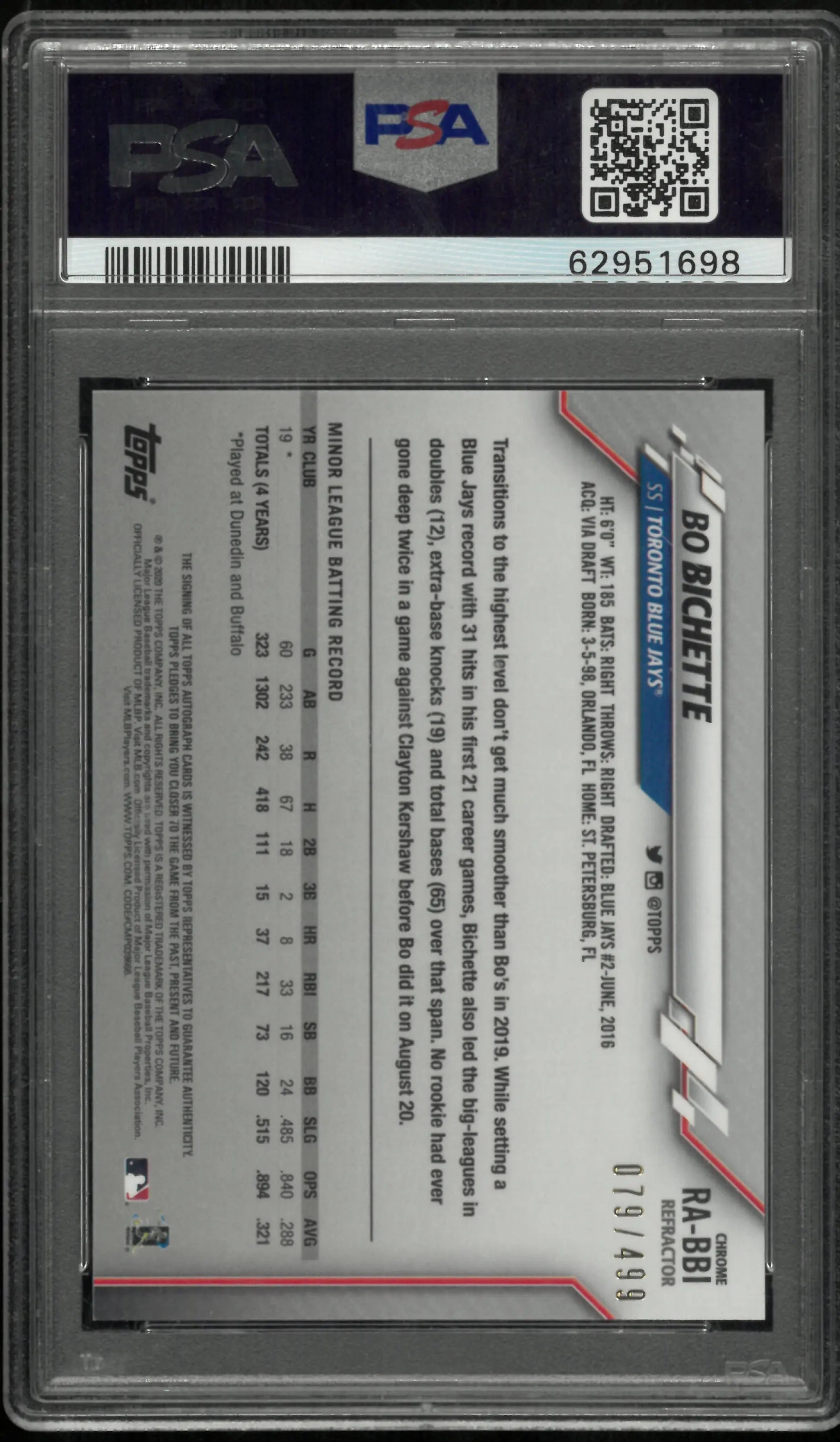 Bo Bichette PSA 10 Auto RC Rookie 2020 Topps Chrome Autograph 