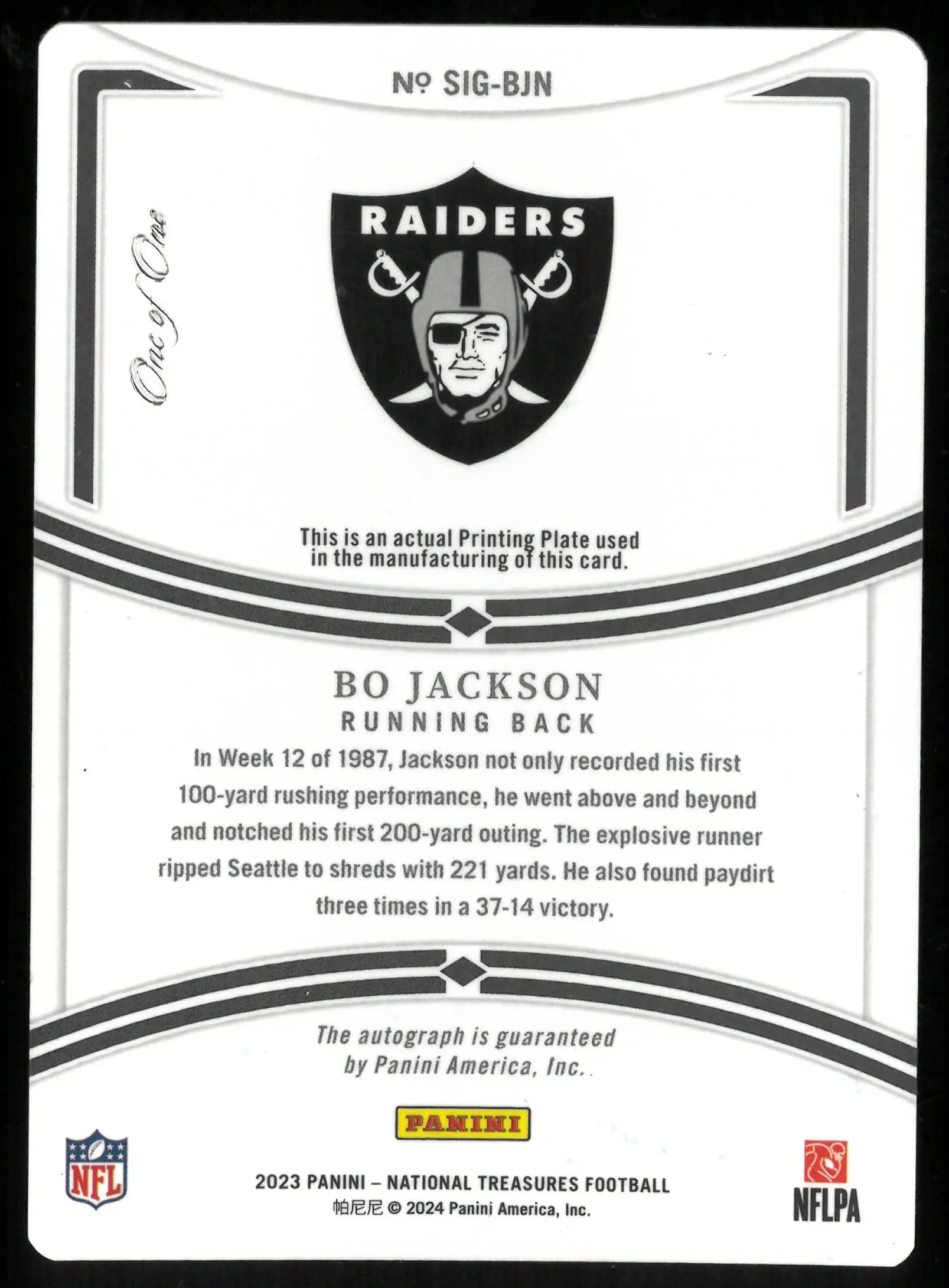 Bo Jackson 1/1 AUTO Printing Plate 2023 National Treasures RAIDERS 
