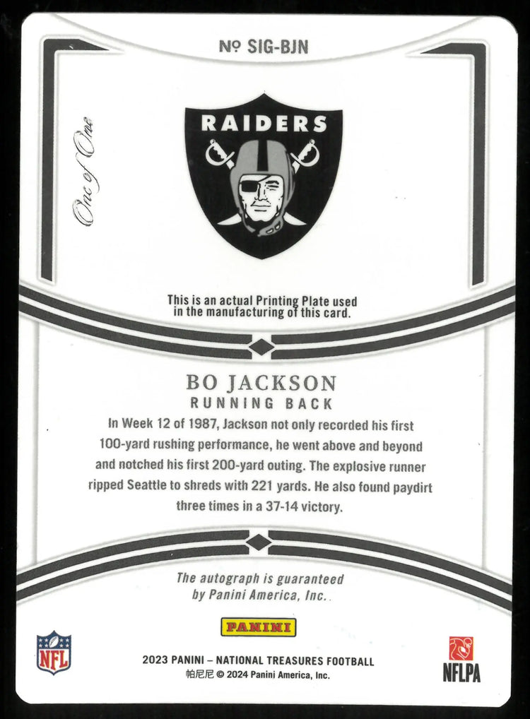 Bo Jackson 1/1 AUTO Printing Plate 2023 National Treasures RAIDERS 