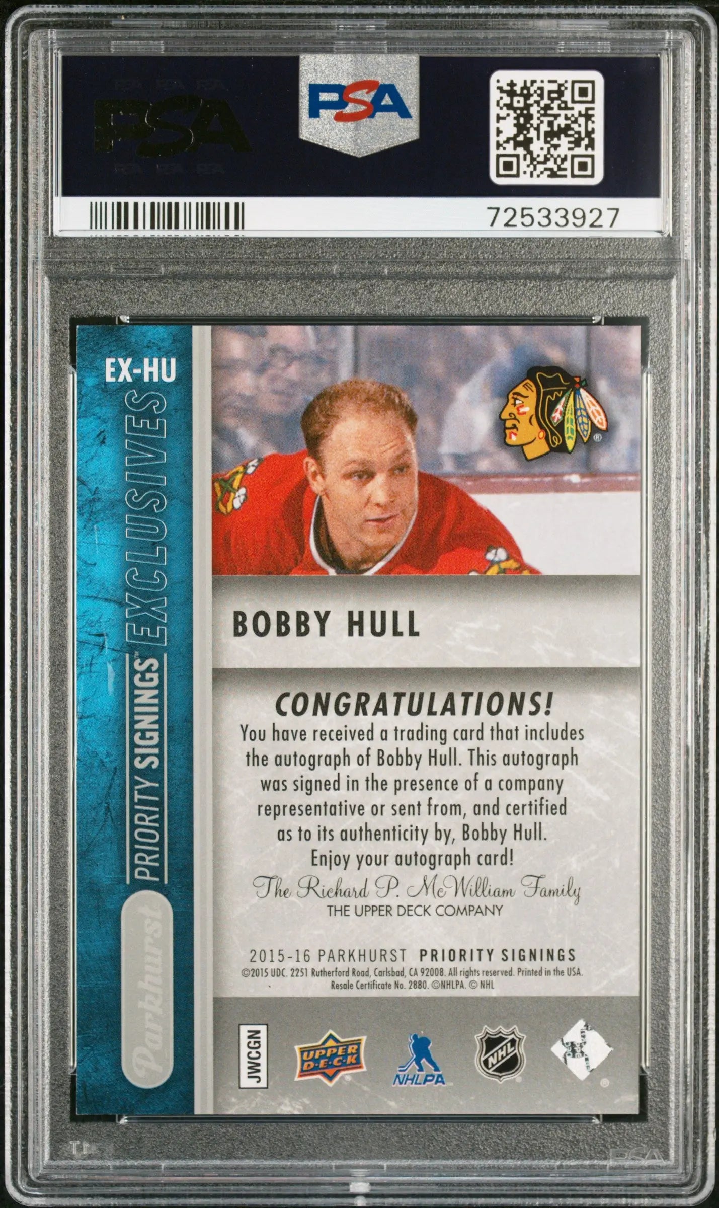 Bobby Hull Auto /4 PSA 9 2015-16 UD Expo Priority Signings Exclusive Parkhurst 