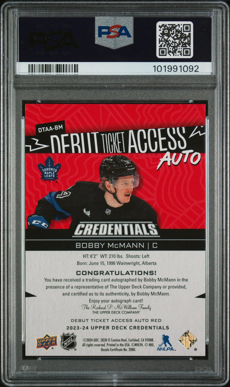 Bobby McMann /99 Auto RC 2023-24 Credentials UD Autograph Rookie Debut Ticket 