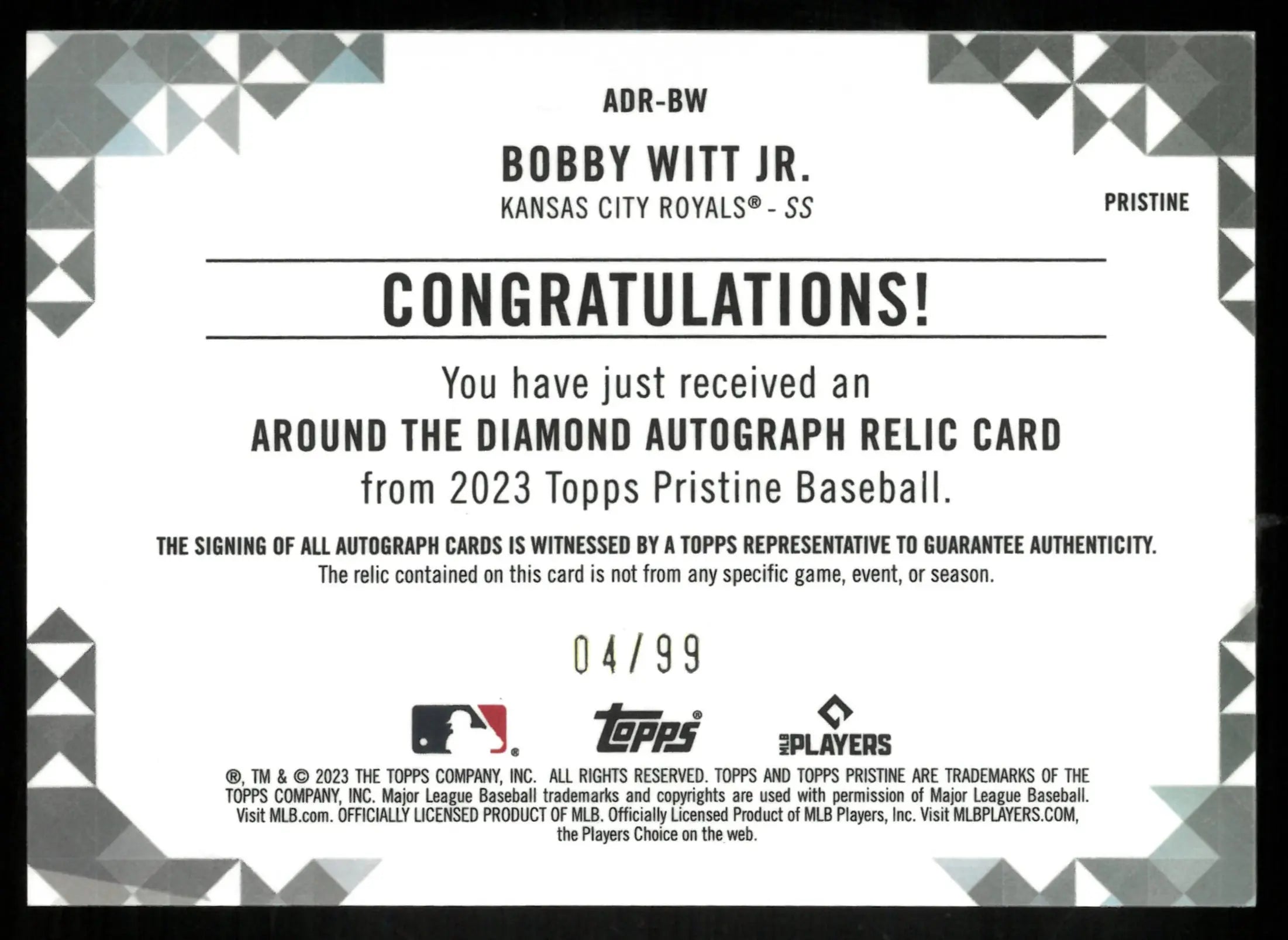Bobby Witt Jr 2023 /99 Auto Jersey Topps Pristine Autograph 