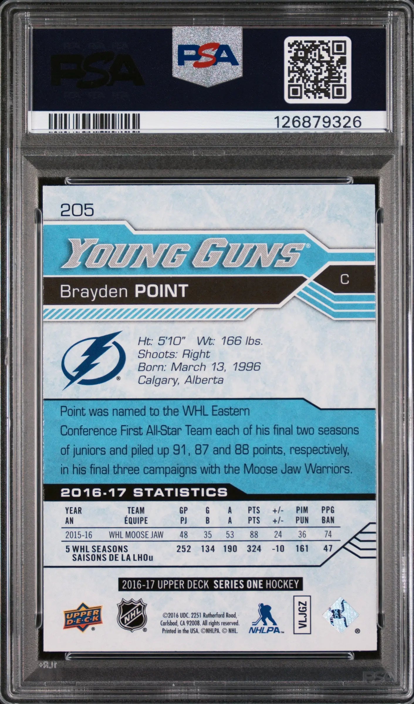 Brayden Point RC Rookie PSA 10 Young Guns UD Upper Deck 2016-17 16-17 