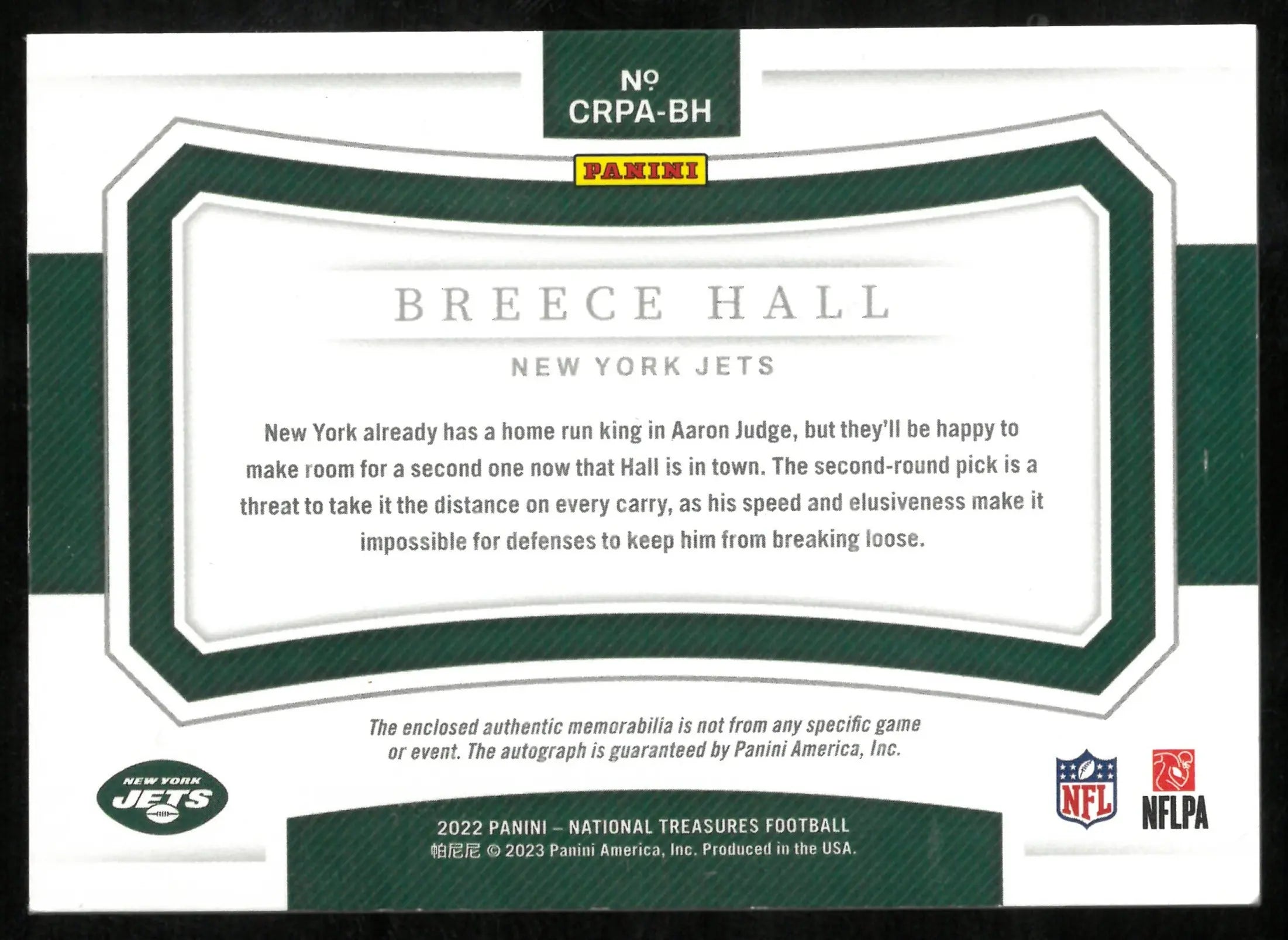 Breece Hall /49 Auto Patch National Treasures 2022 Panini 