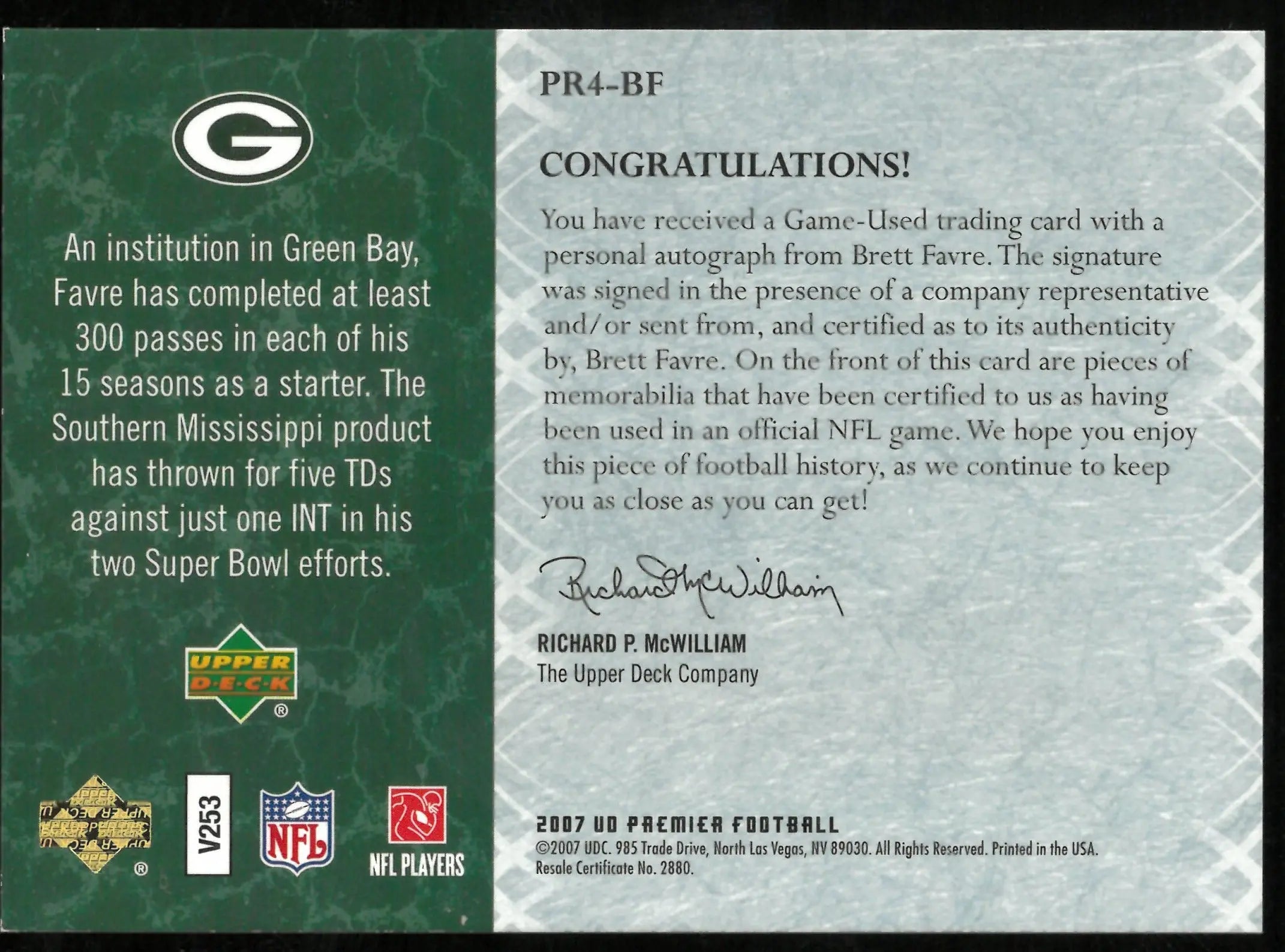 Brett Favre UD Premier /15 15/15 Remnants Patch Auto 2007 