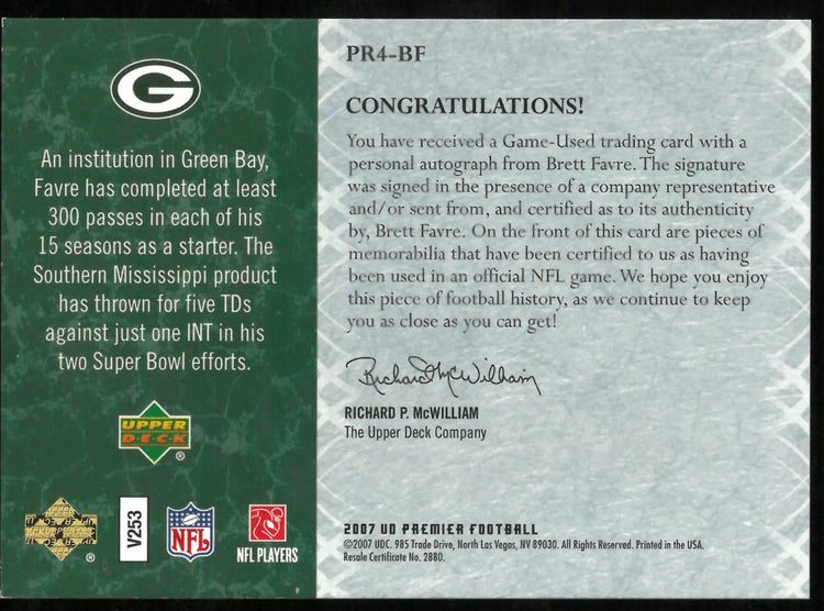 Brett Favre UD Premier /15 15/15 Remnants Patch Auto 2007 