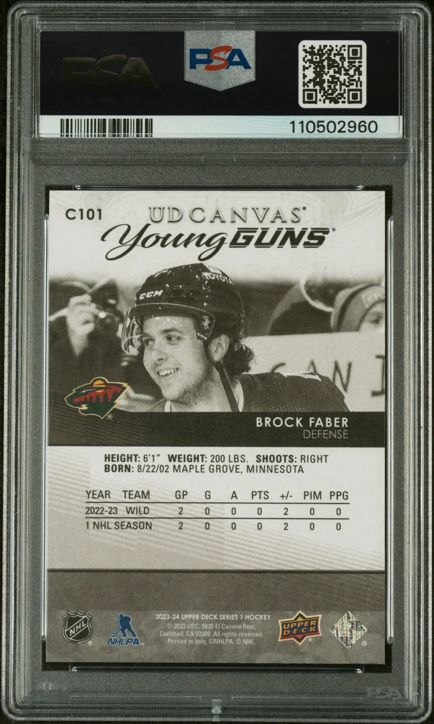 Brock Faber Black White Canvas PSA 10 RC Rookie 2023-24 23-24 UD Upper Deck 