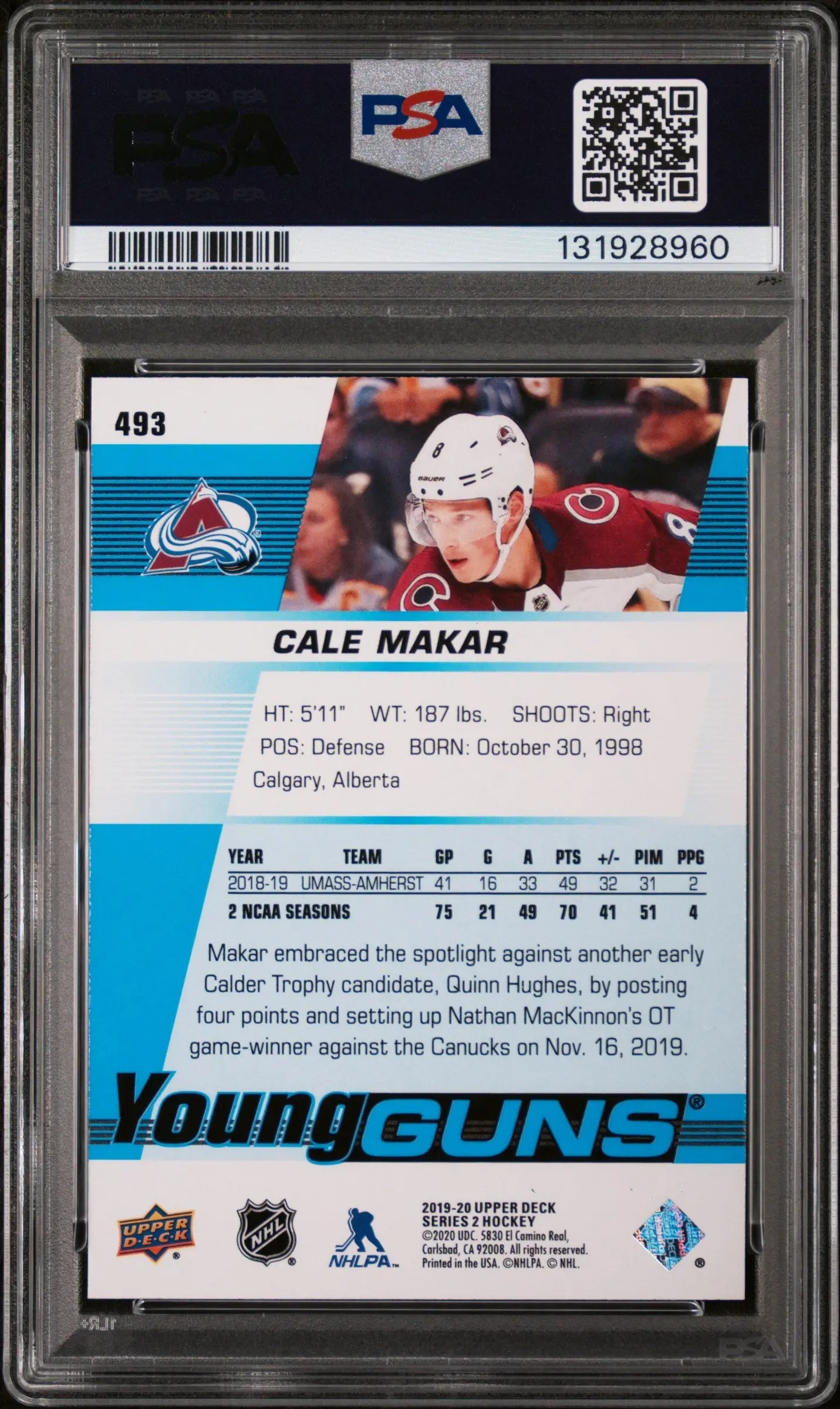 Cale Makar Young Guns PSA 10 RC Rookie 2019-20 19-20 UD Upper Deck 