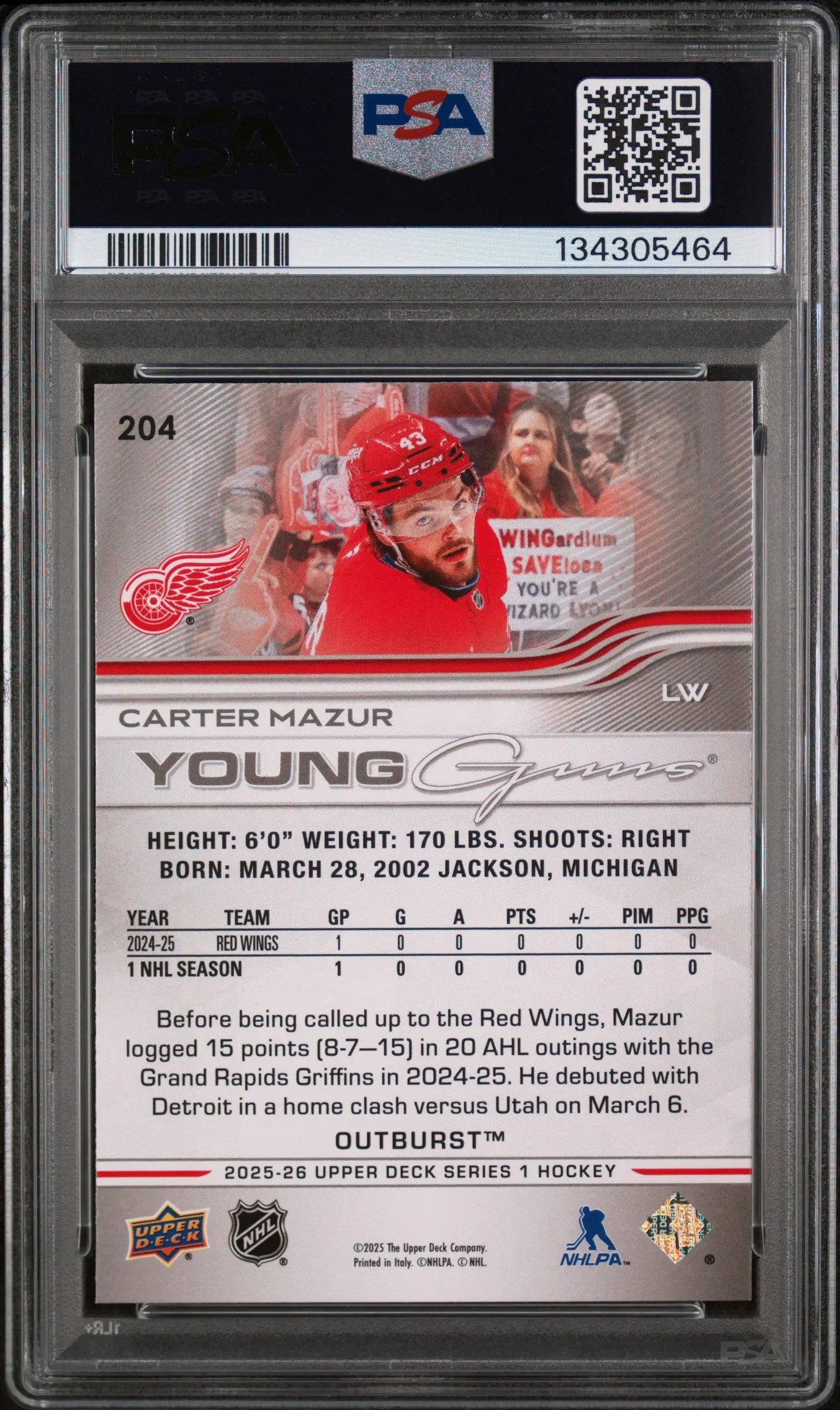 Carter Mazur Outburst RC Rookie PSA 10 2025-26 UD Upper Deck 