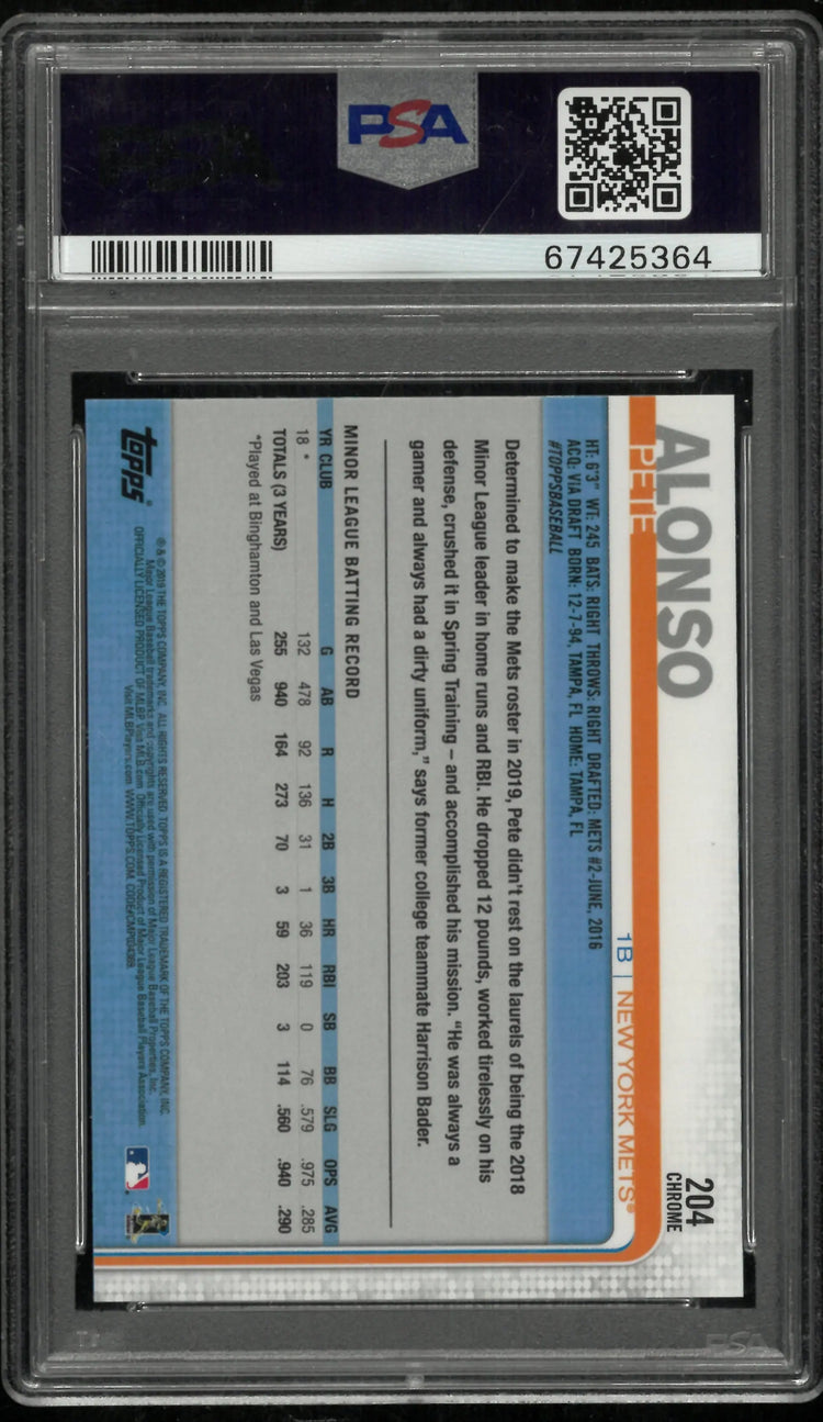Chrome Pete Alonso #204 Prism Refractor PSA 10 2019 Topps RC Rookie 