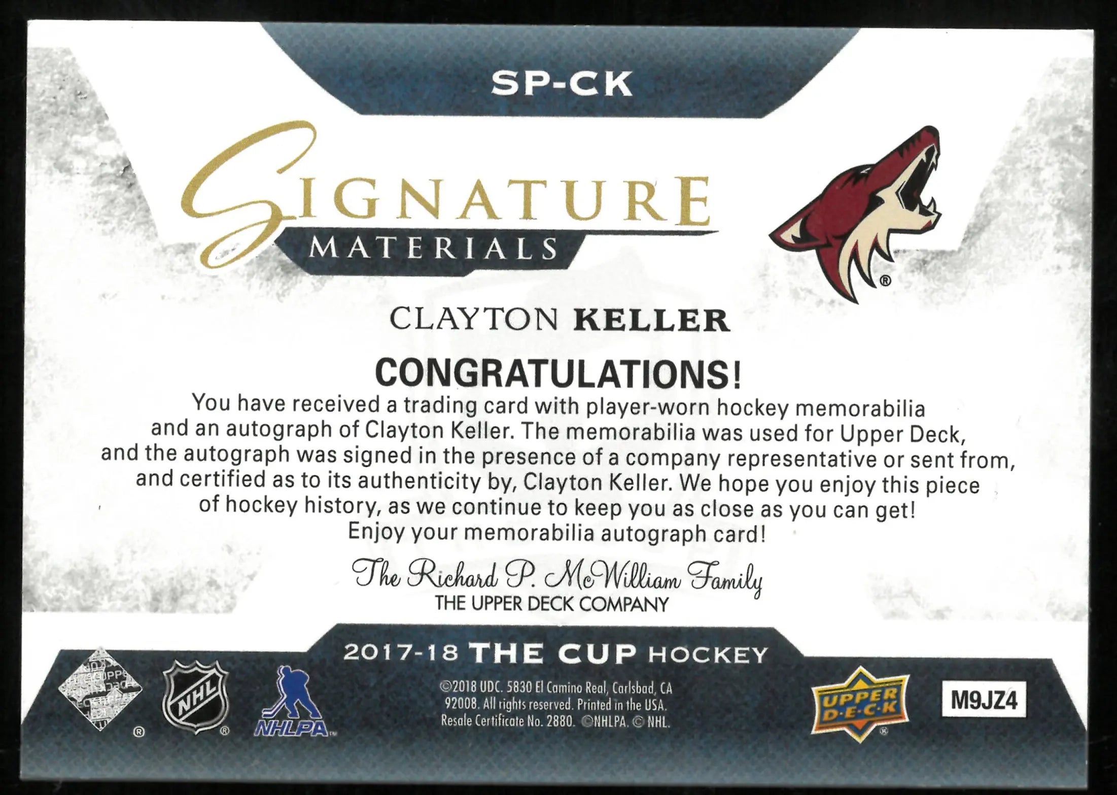 Clayton Keller Signature Materials /99 Patch Auto RC UD The Cup 
