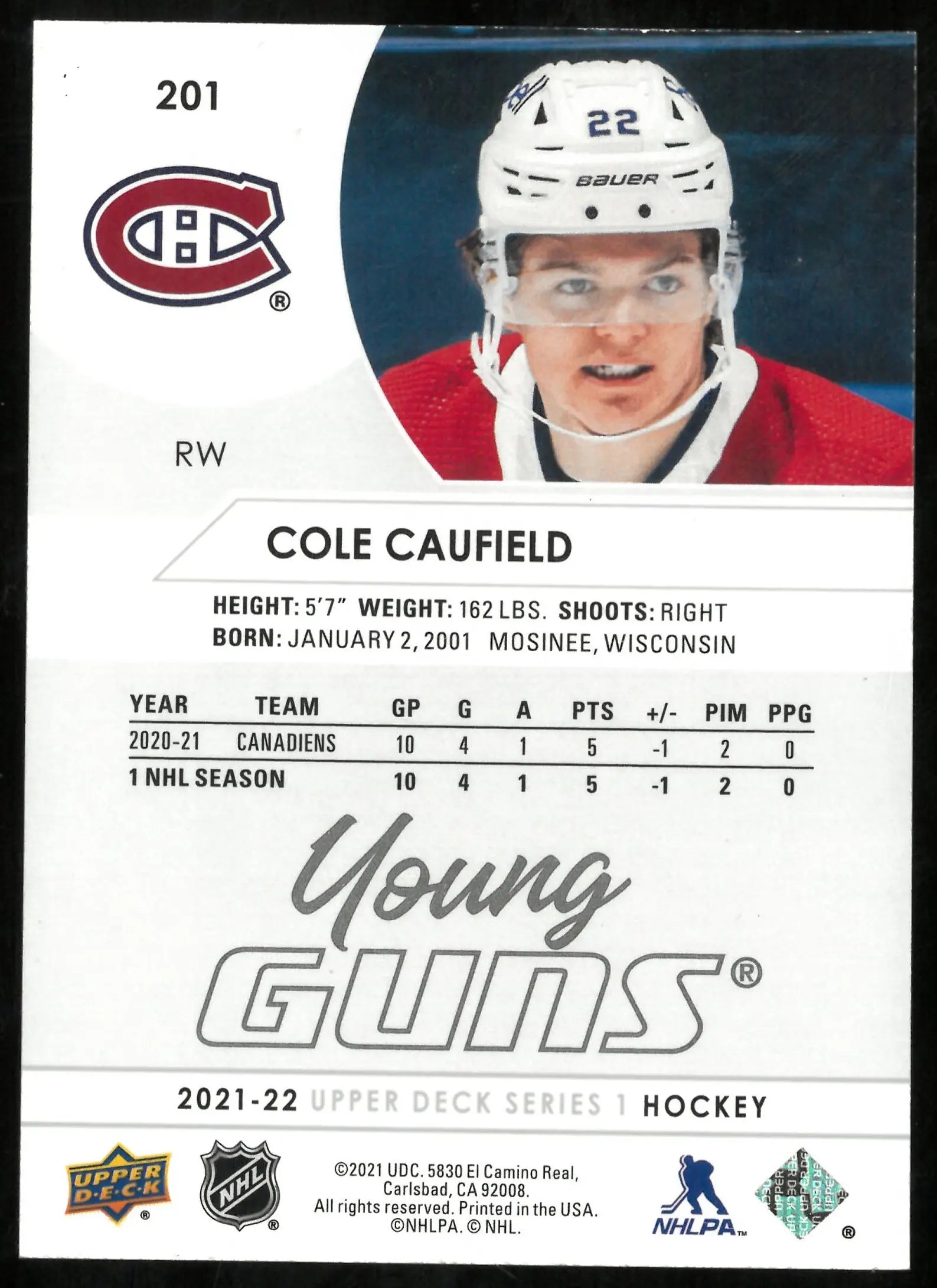 Cole Caufield Young Guns RC Rookie 2021-22 21-22 UD Upper Deck 