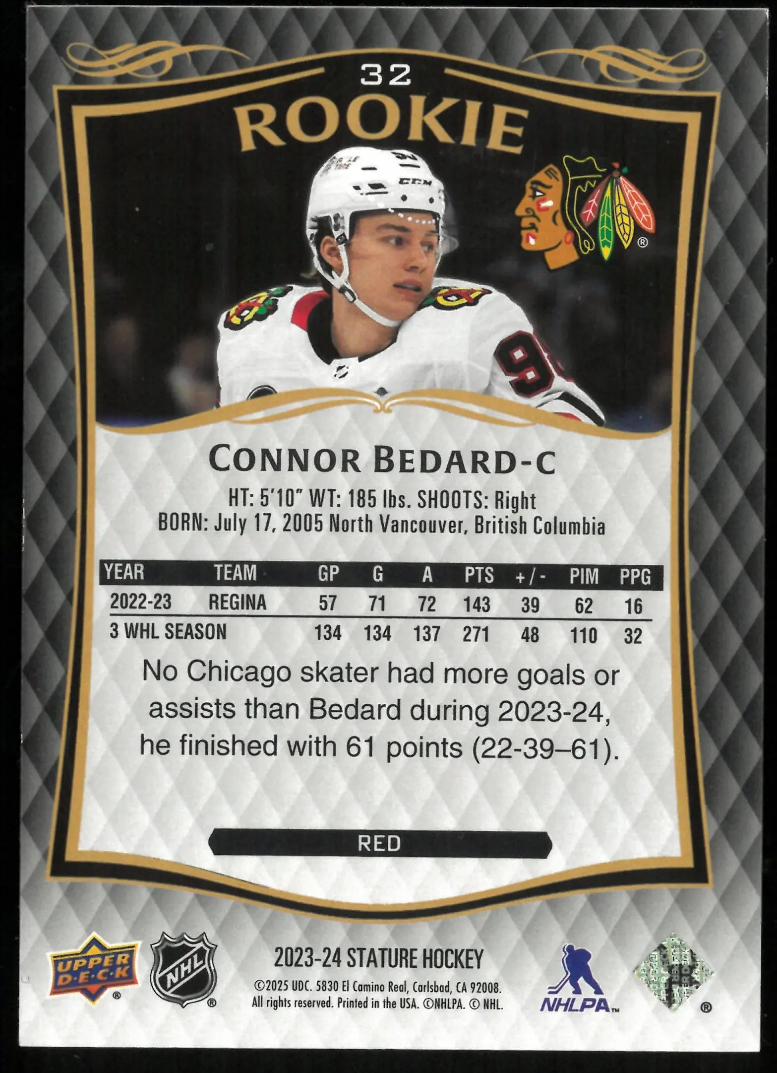 Connor Bedard /249 Stature RC Rookie 2023-24 UD 23-24 Red 