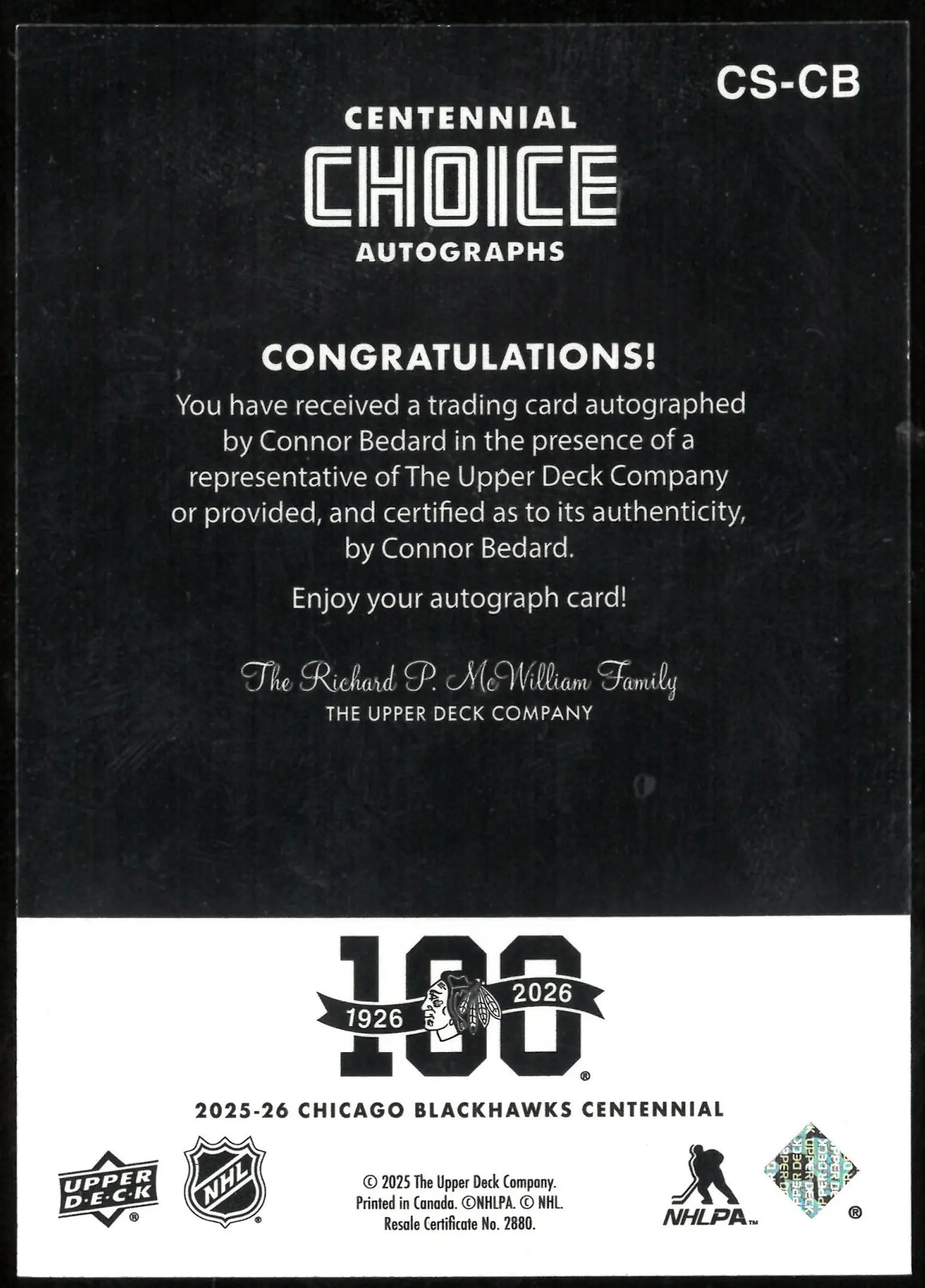 Connor Bedard Auto Blackhawks UD Centennial Choice 2025-26 SSP 