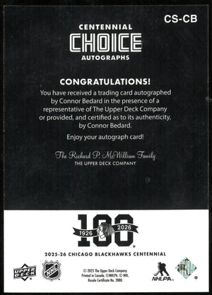 Connor Bedard Auto Blackhawks UD Centennial Choice 2025-26 SSP 