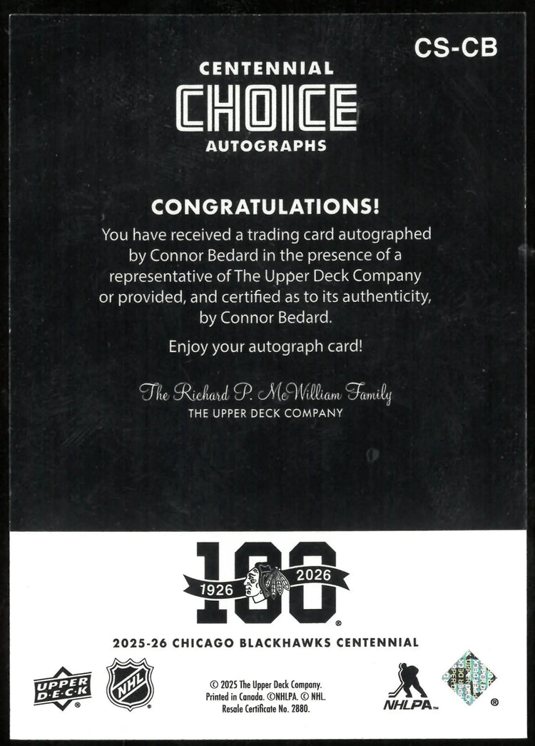 Connor Bedard Auto Blackhawks UD Centennial Choice 2025-26 SSP 