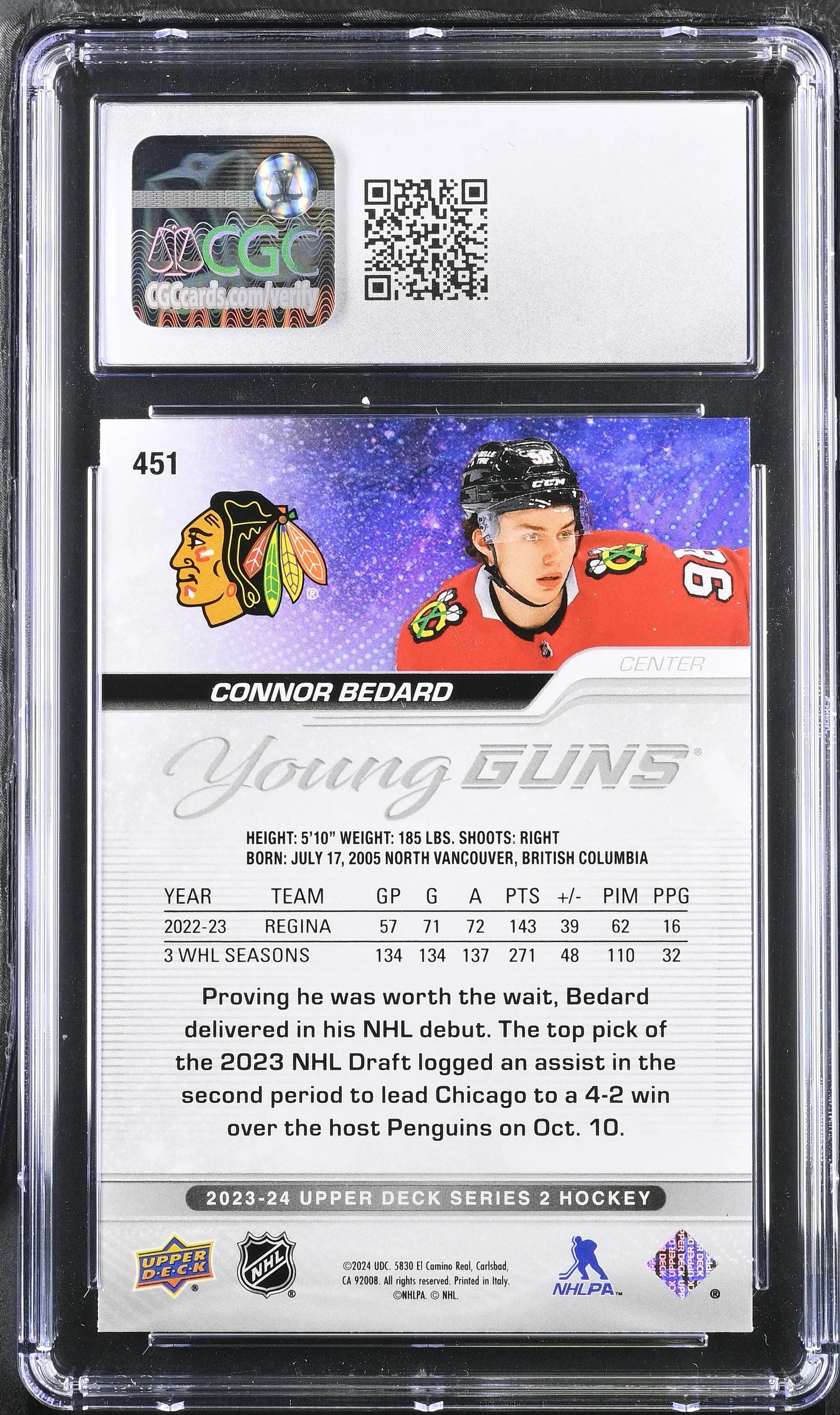 Connor Bedard CGC 10 Young Guns RC Rookie 2023-24 23-24 Upper Deck 