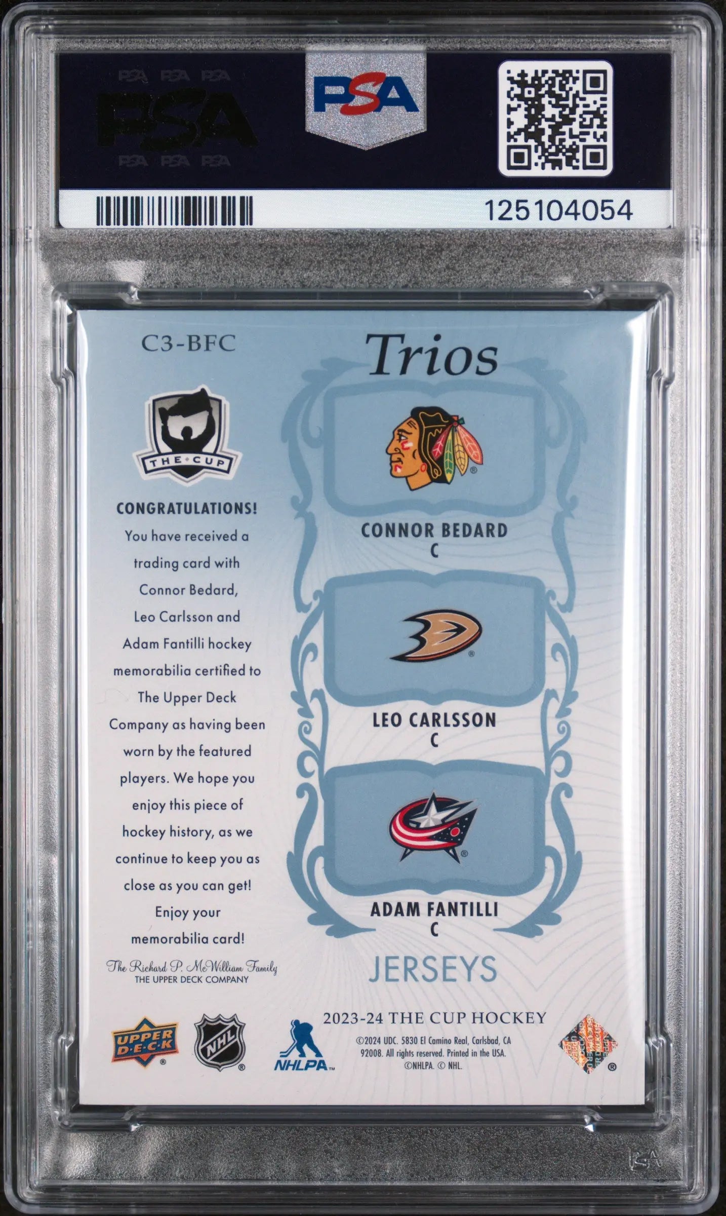 Connor Bedard Fantilli Carlsson RC Rookie TRIOS JERSEY /35 UD The Cup 2023-24 