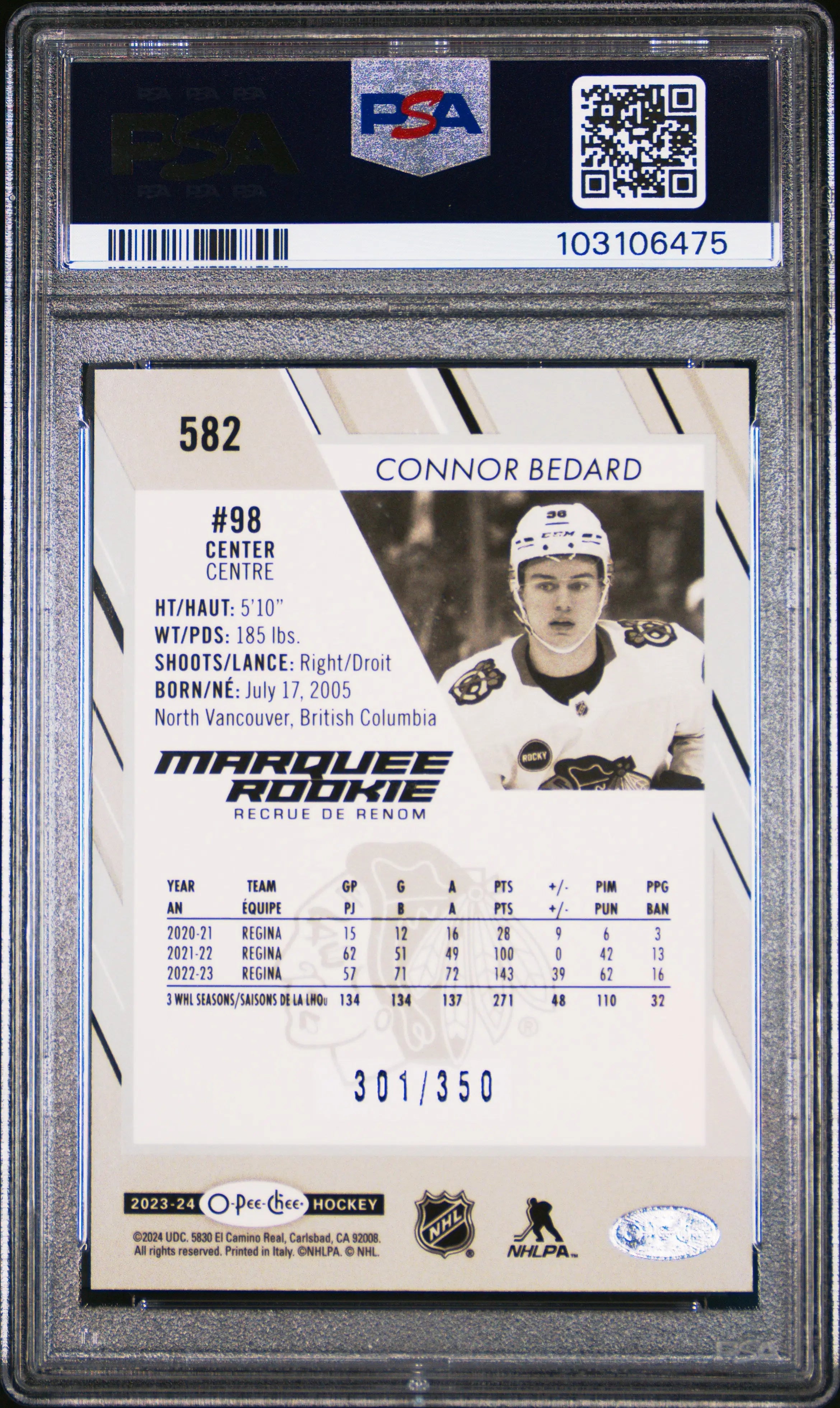 Connor Bedard RC /350 PSA 9 Rookie Rainbow OPC O Pee Chee 2023-24 UD Marquee SP 