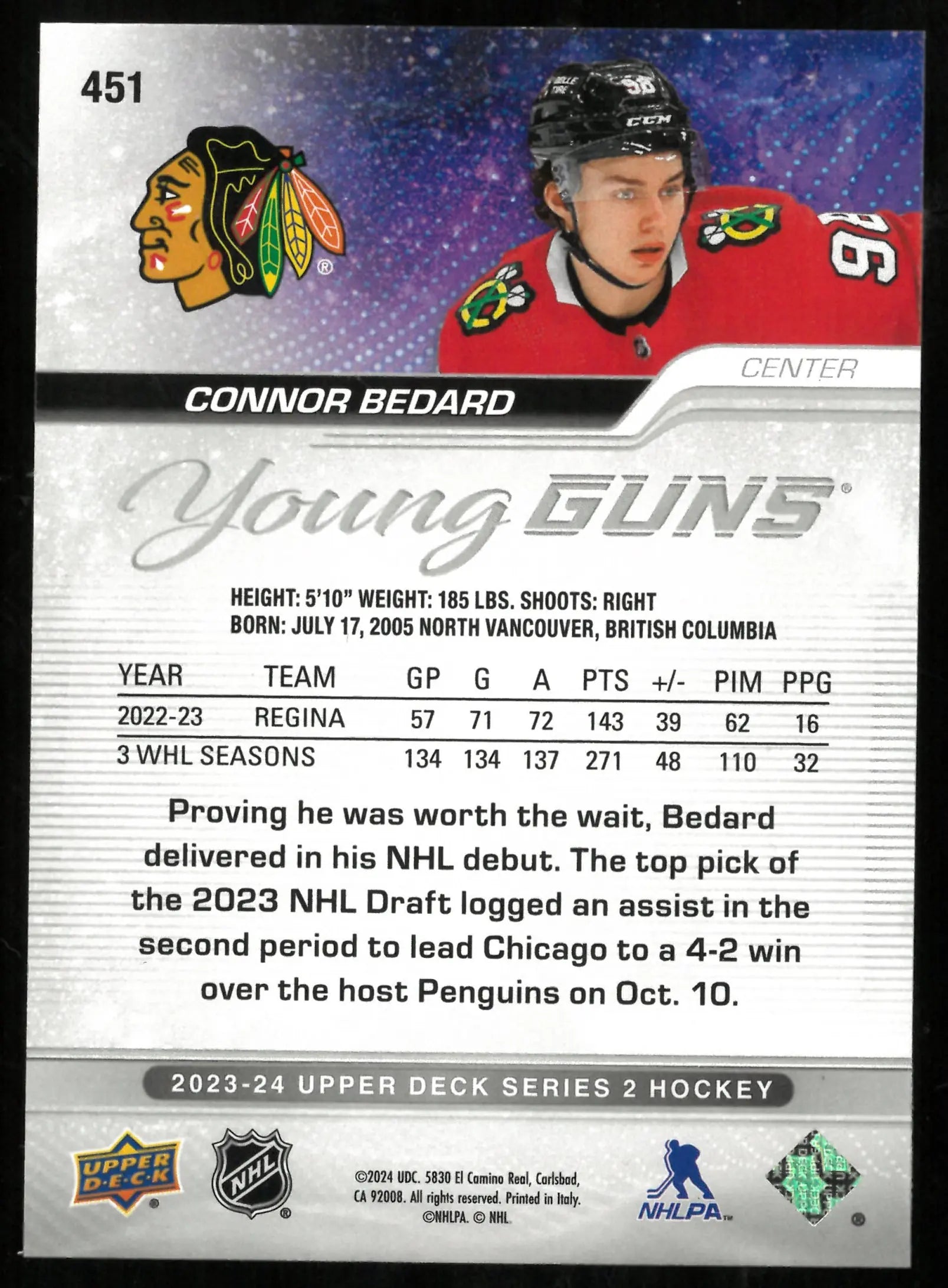 Connor Bedard Young Guns RC Rookie 2023-24 23-24 Upper Deck 