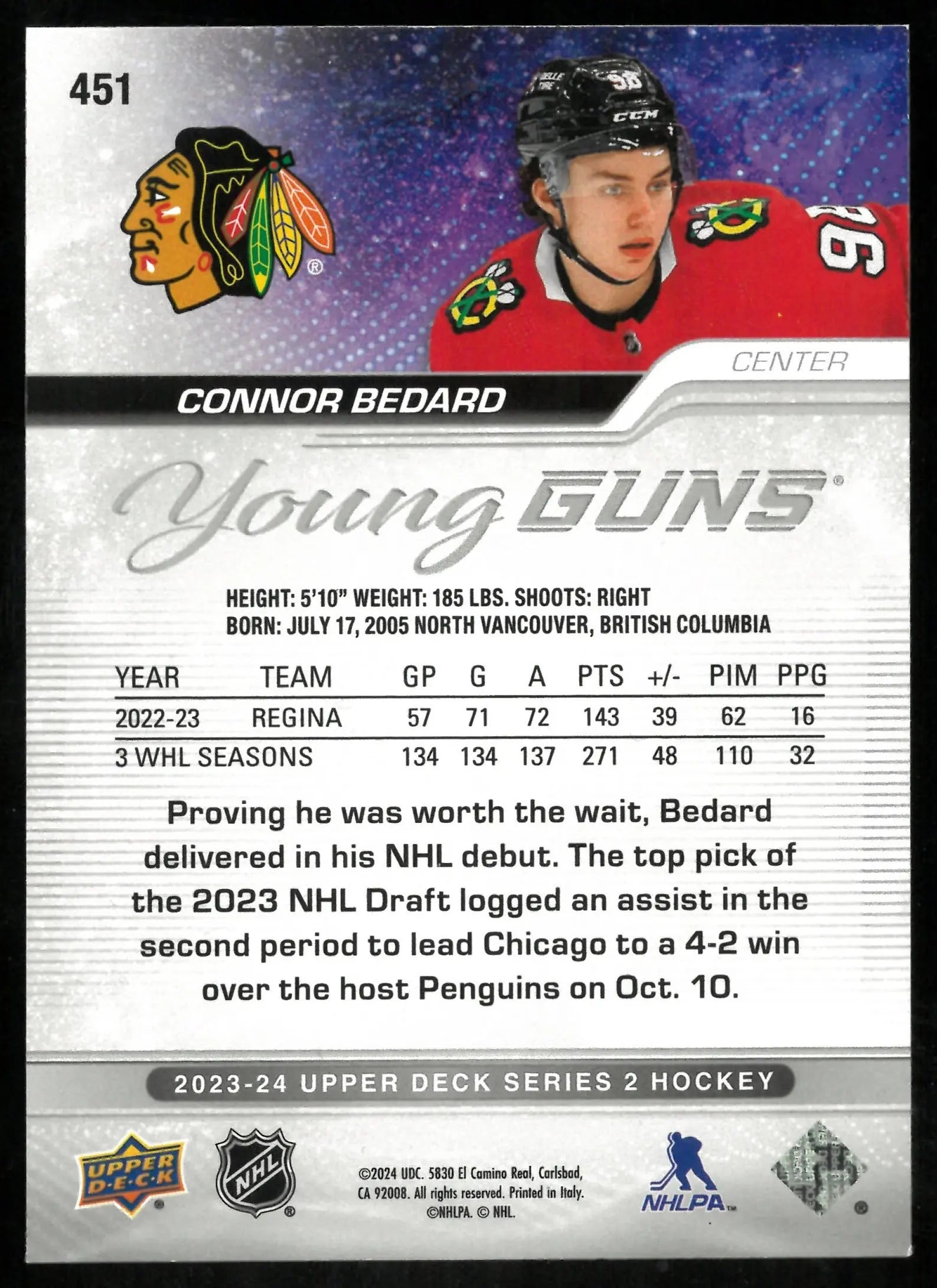 Connor Bedard Young Guns RC Rookie 2023-24 23-24 Upper Deck UD 