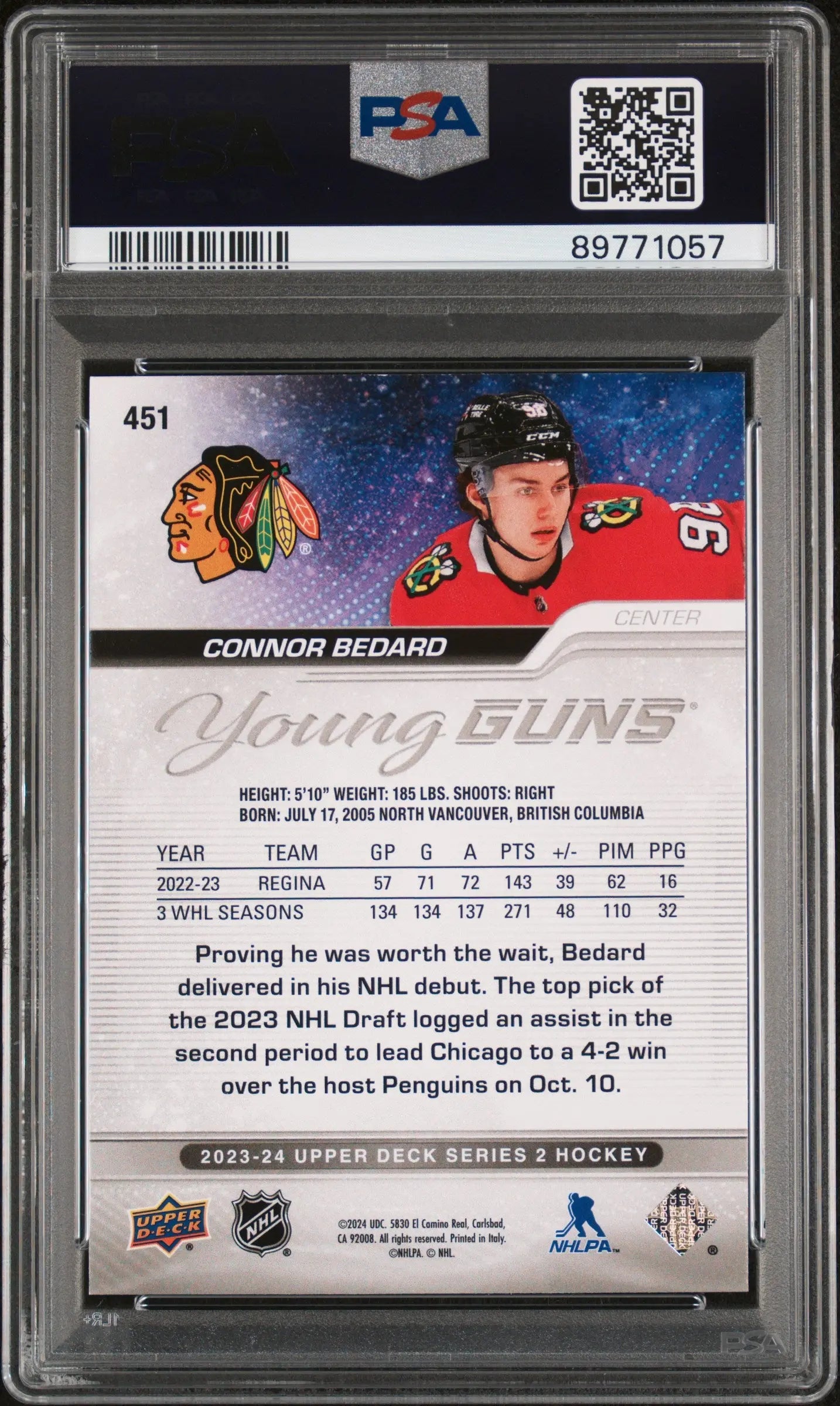 Connor Bedard Young Guns RC Rookie PSA 9 2023-24 23-24 Upper Deck UD 