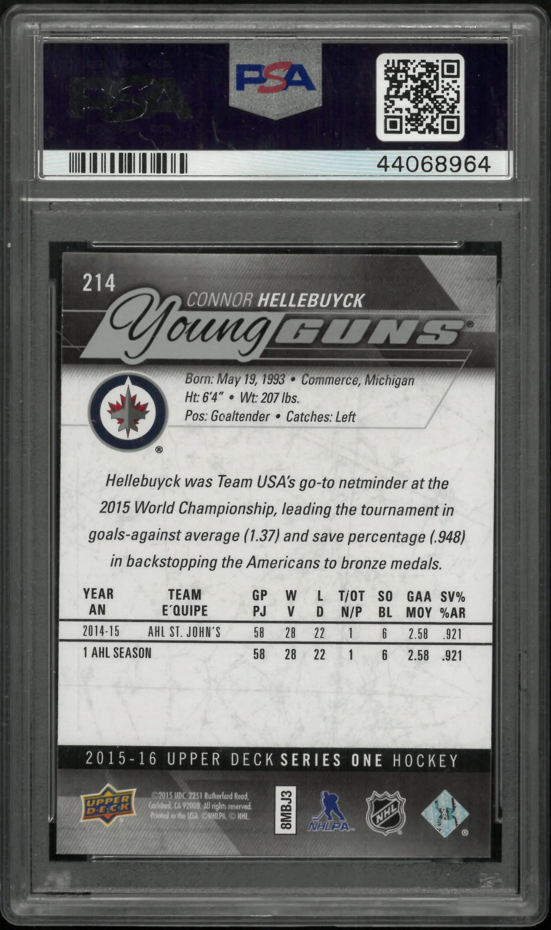 Connor Hellebuyck Young Guns RC Rookie PSA 10 UD Upper Deck 2015-16 15-16 