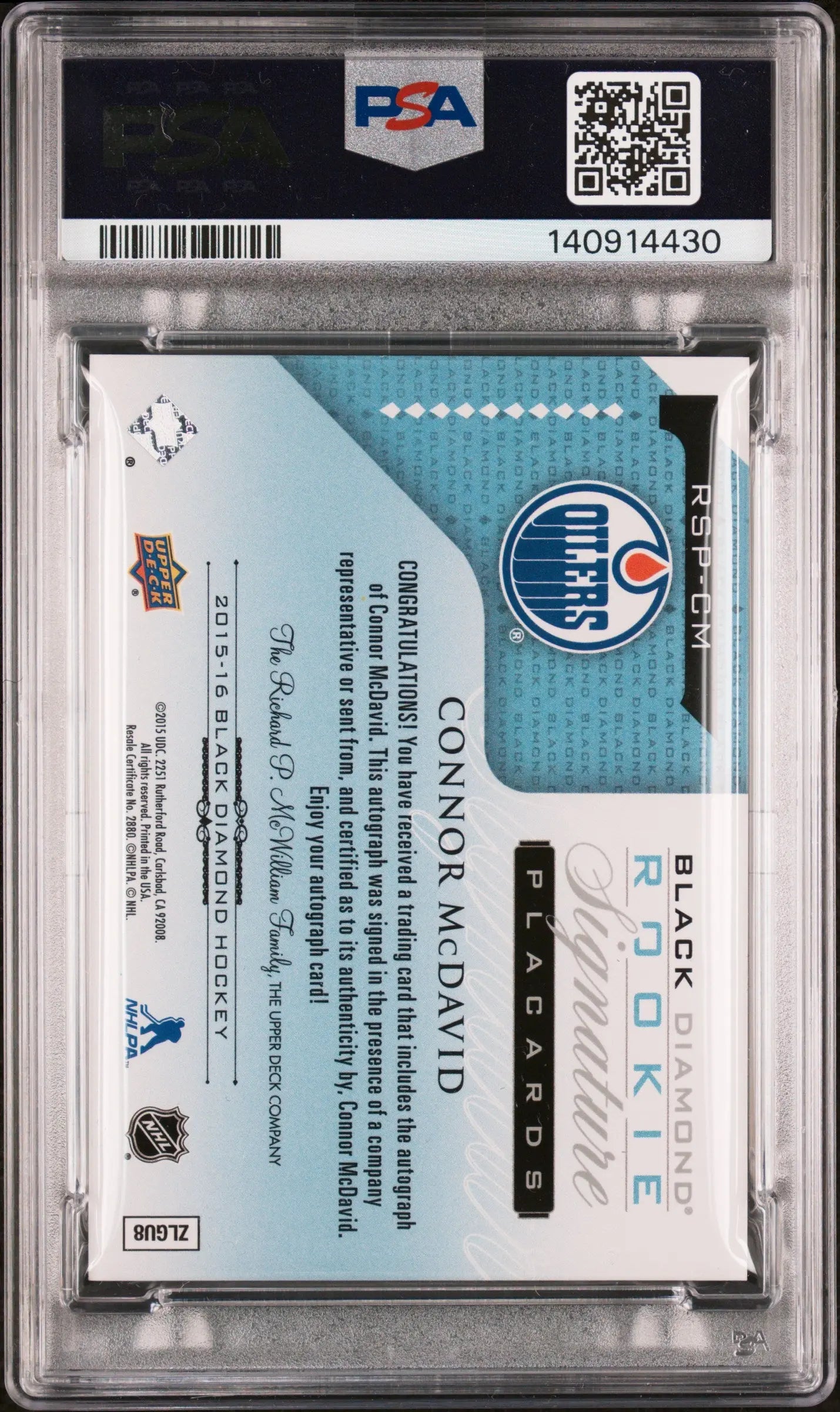 Connor McDavid Black Diamond Signature Placards PSA 7 10 Auto RC Rookie 2015-16 