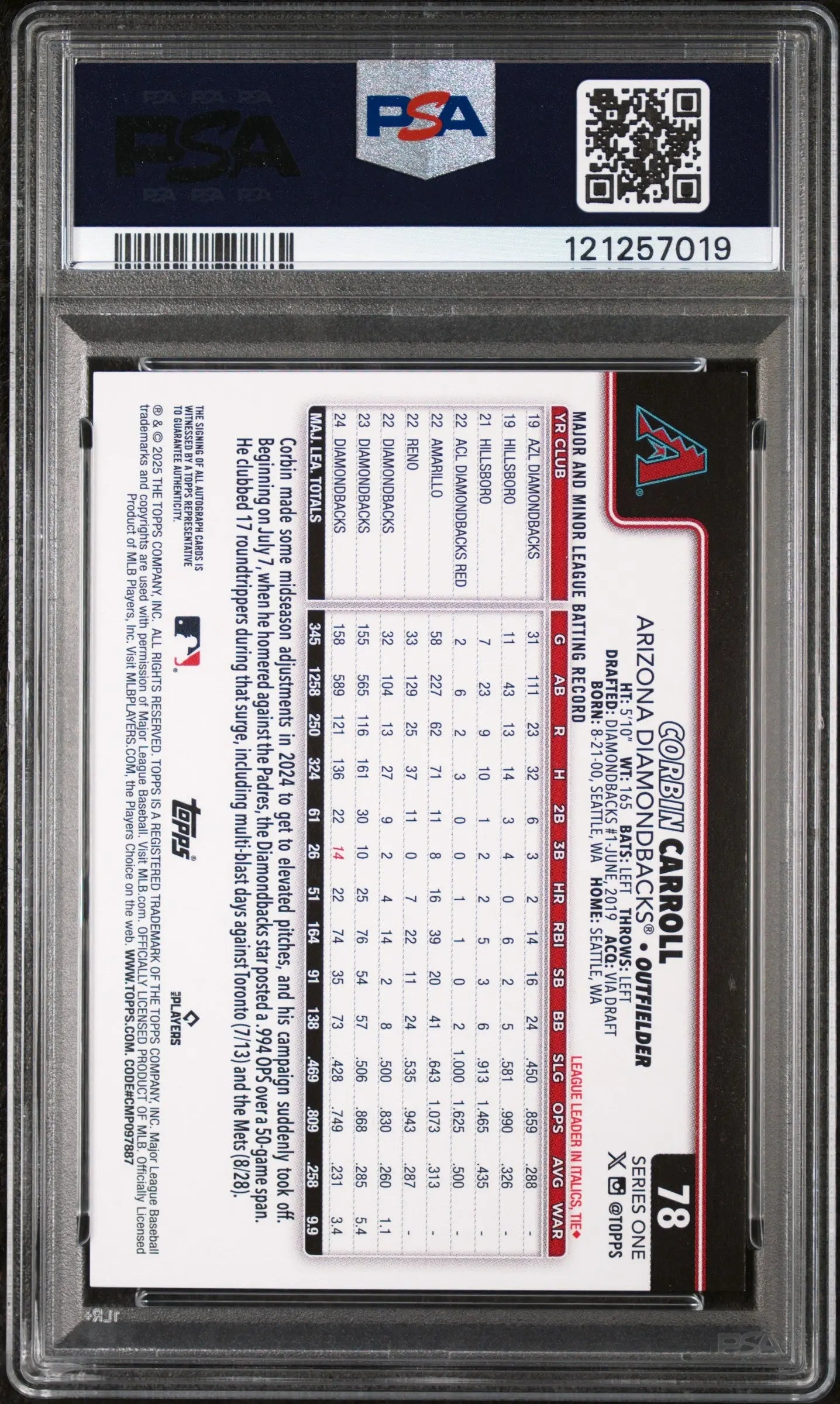 Corbin Carroll Autograph PSA 9 2025 Topps REAL ONES #78 On Card Auto 