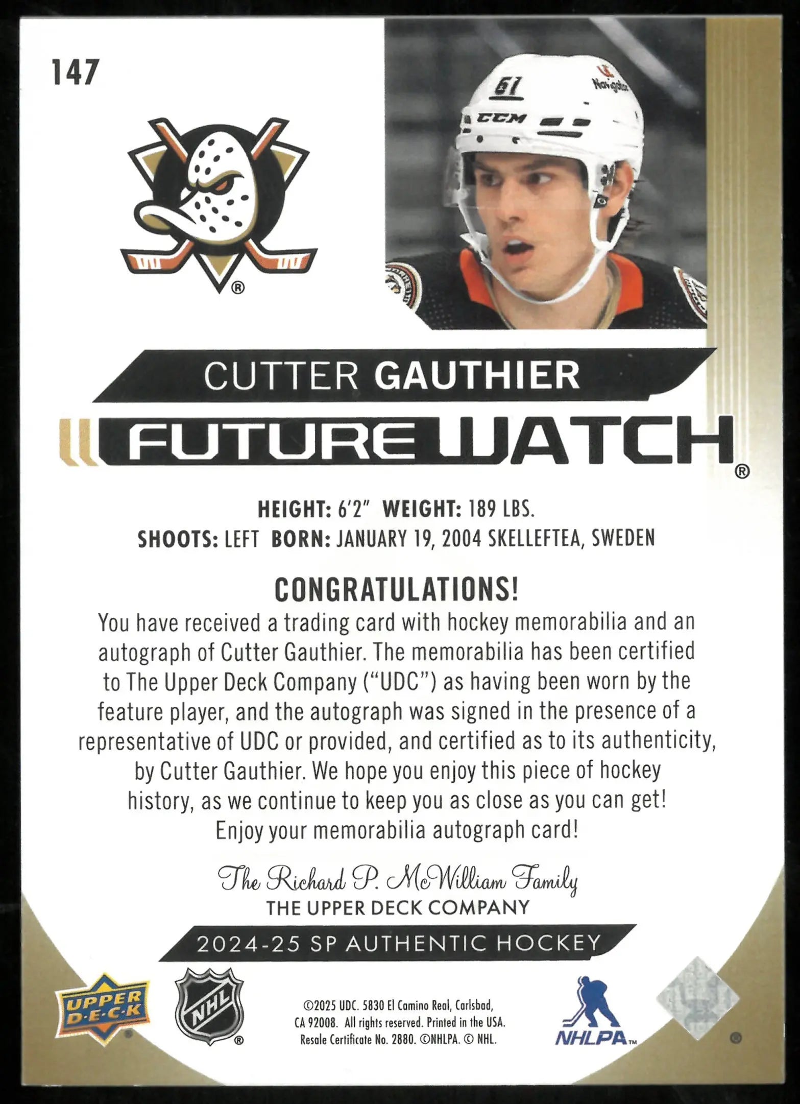Cutter Gauthier /100 SP Patch Auto Authentic UD 2024-25 Future Watch 