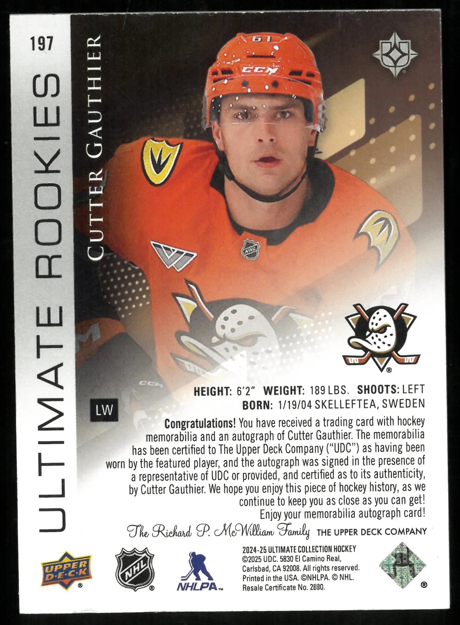 Cutter Gauthier /49 Patch Auto 2024-25 UD Ultimate Ducks 