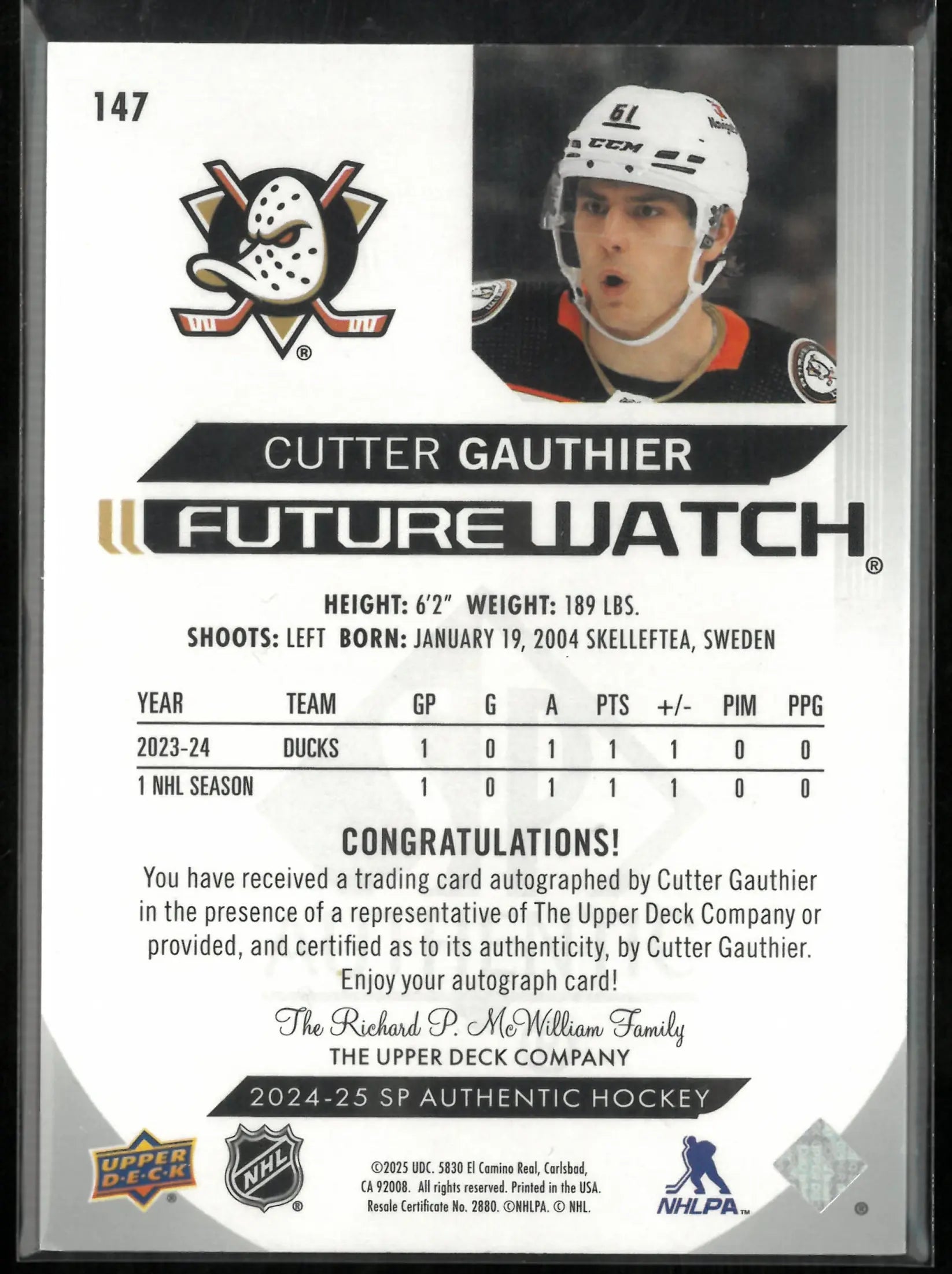 Cutter Gauthier Future Watch /199 Auto RC Rookie 2024-25 SP Authentic 