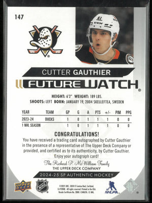 Cutter Gauthier Future Watch /199 Auto RC Rookie 2024-25 SP Authentic 