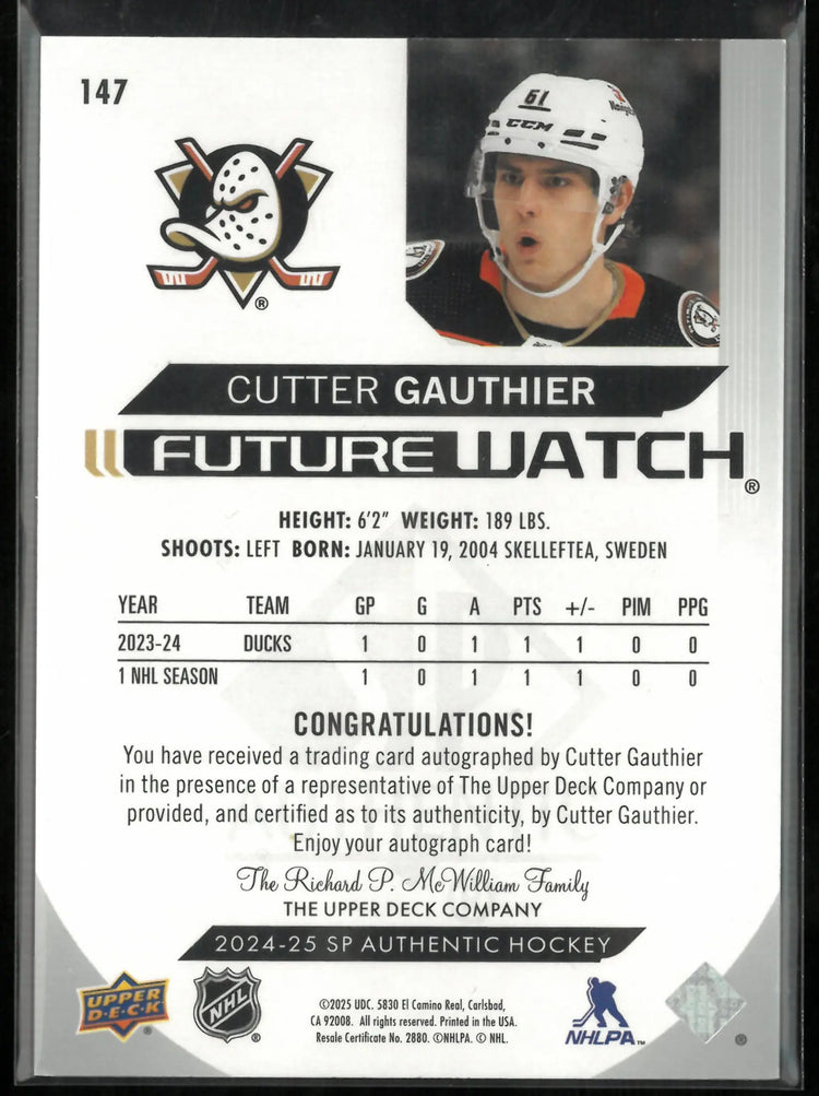 Cutter Gauthier Future Watch /199 Auto RC Rookie 2024-25 SP Authentic 