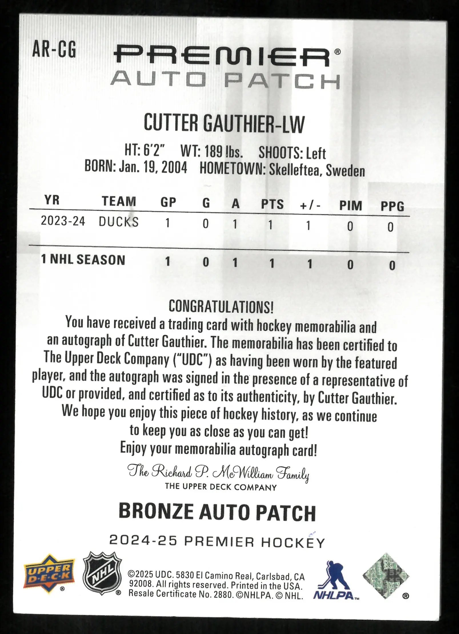 Cutter Gauthier RC Patch Auto /99 UD Premier 2024-25 Ducks 