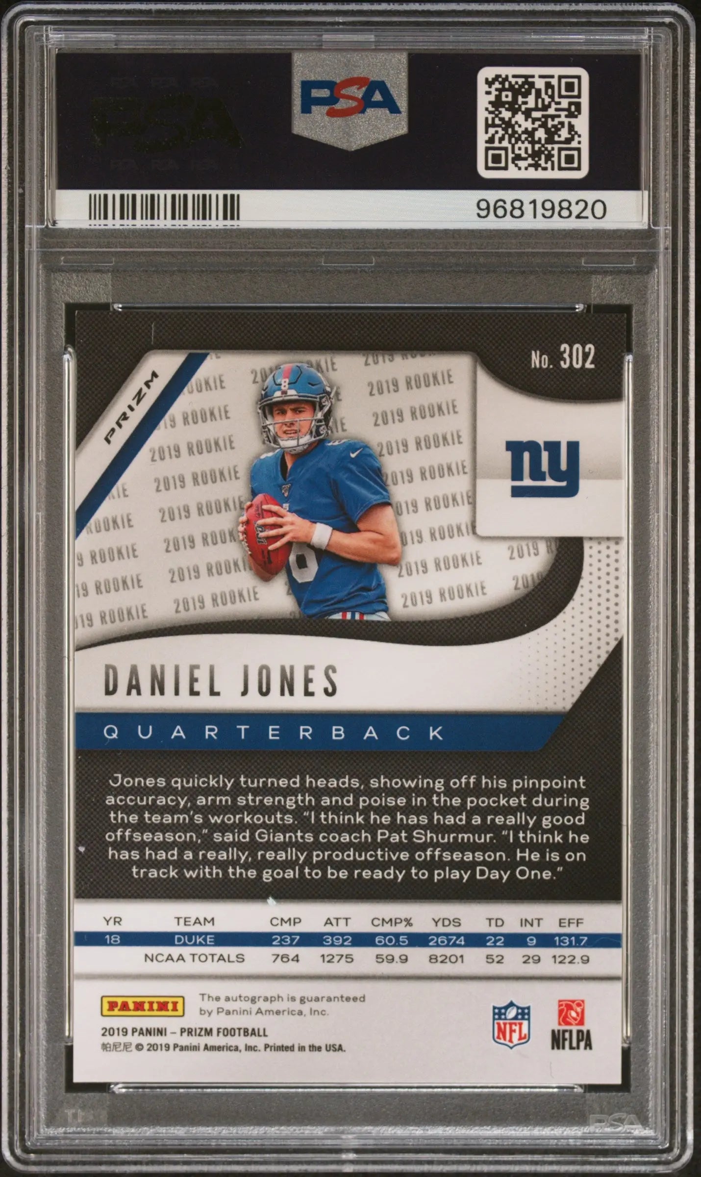 Daniel Jones PSA 9 RC Auto Rookie Autograph 2019 Panini Prizm Silver 