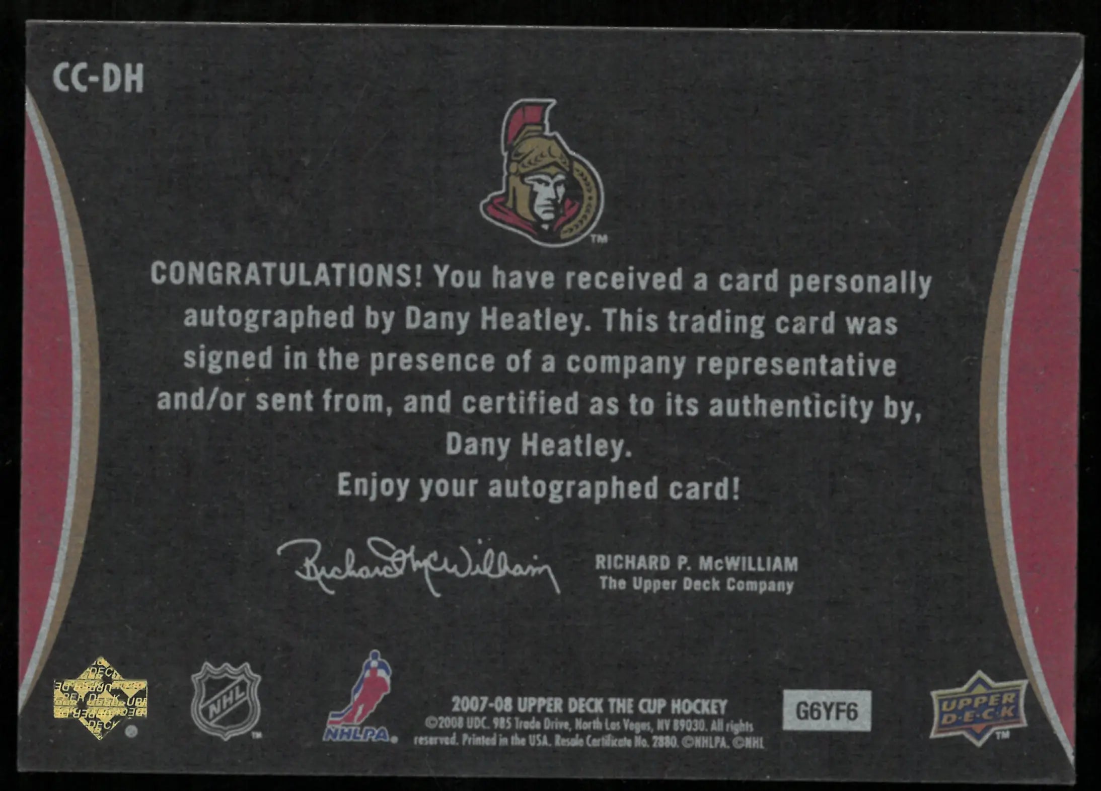Dany Heatley /50 Auto The Cup Chirography 2007-08 UD Autograph 