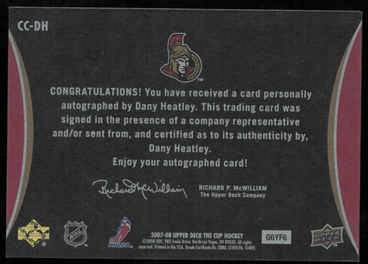 Dany Heatley /50 Auto The Cup Chirography 2007-08 UD Autograph 