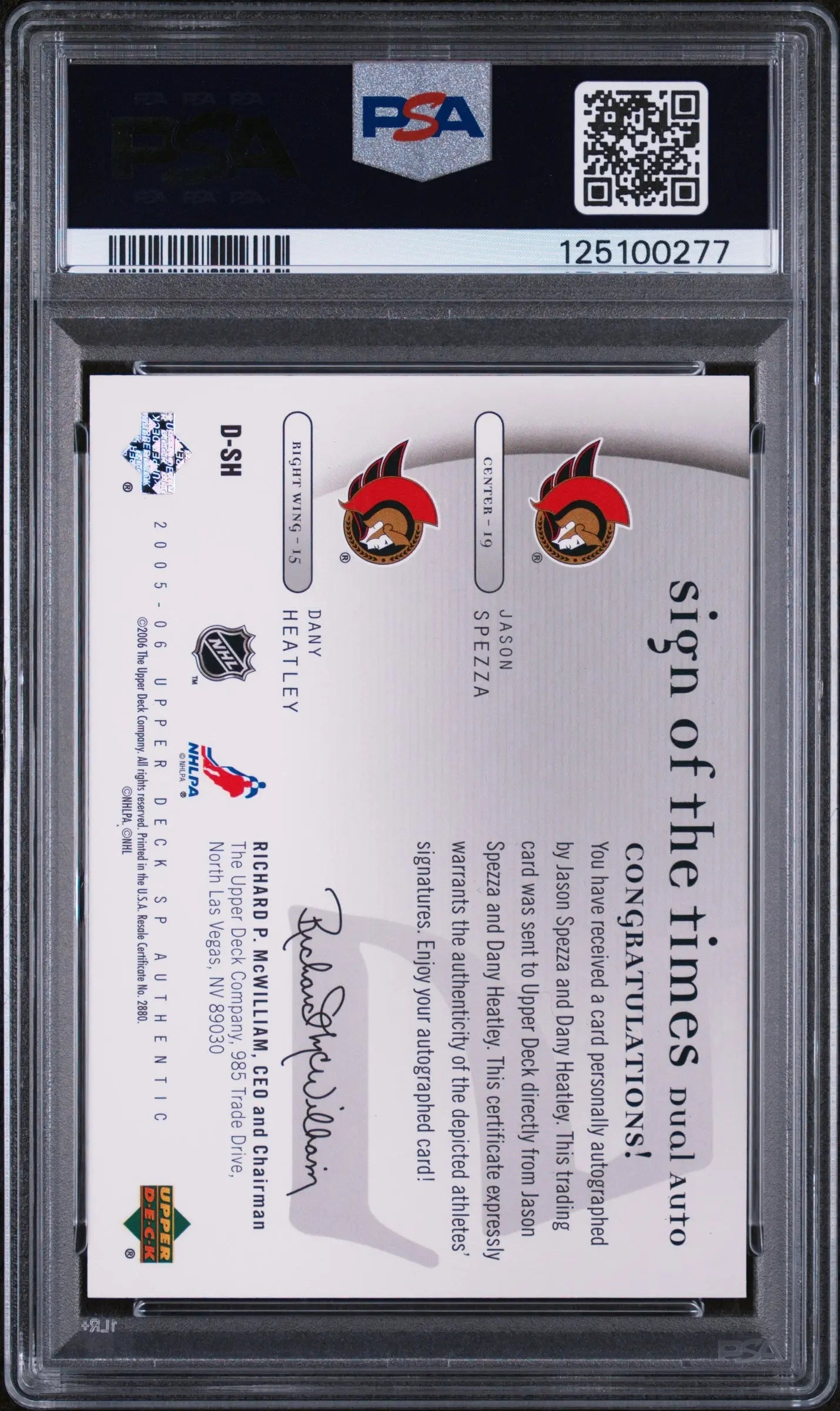 Dany Heatley Jason Spezza Dual PSA 10 Sign of the Times POP2 05-06 SP Authentic 
