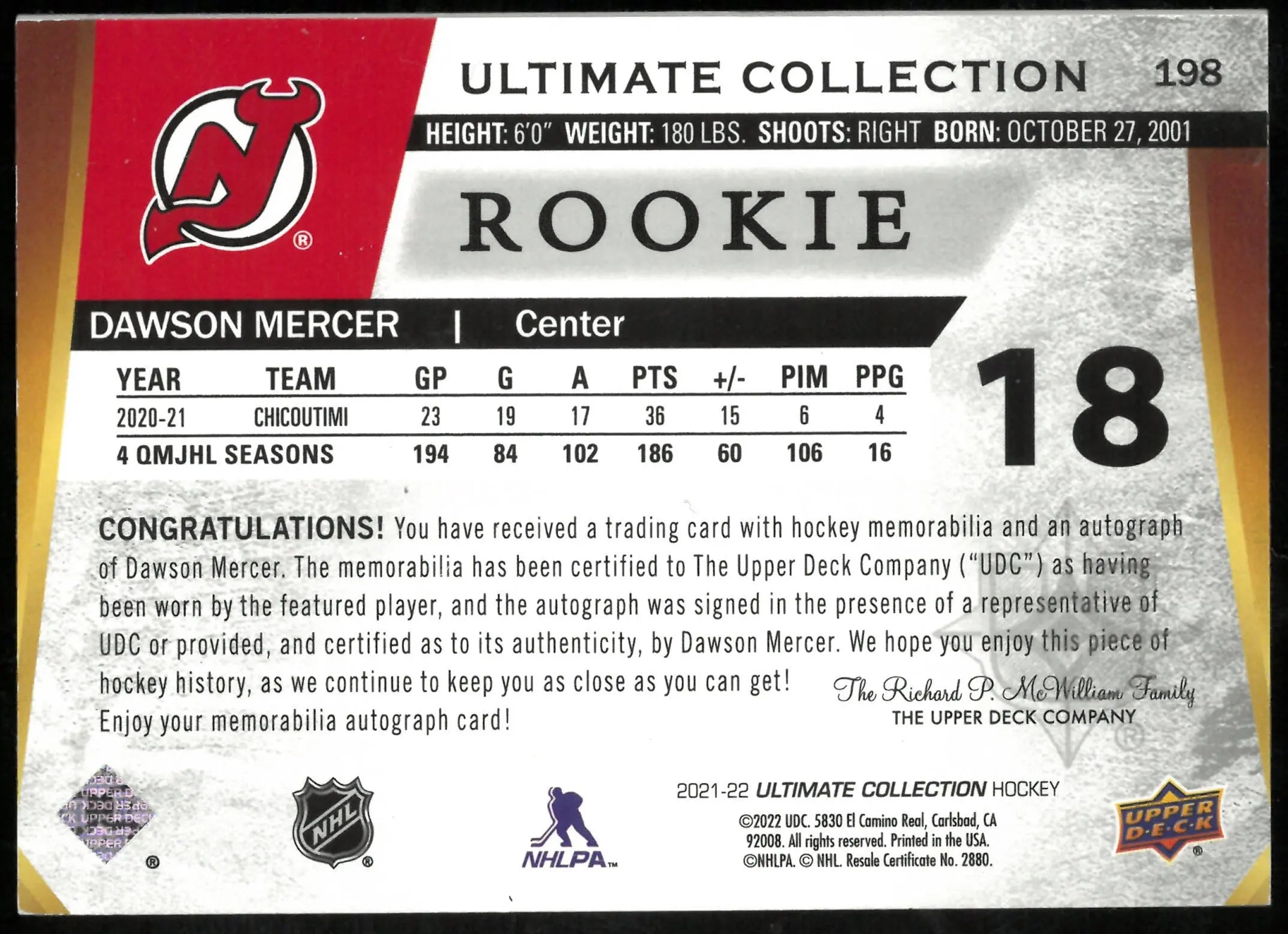 Dawson Mercer 1/1 UD Ultimate Auto Rookie Shield RC 1 of 1 Devils 2021-22 SP 