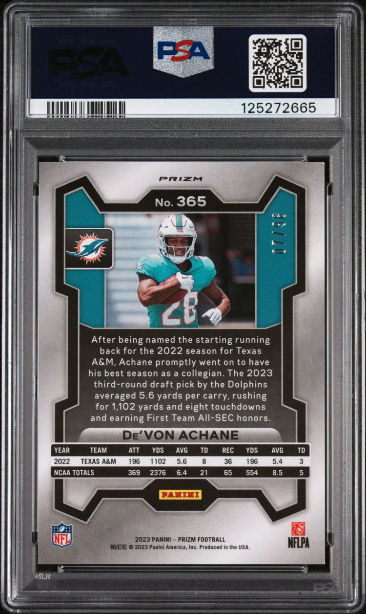 De'Von Achane /96 Blue Sparkle Prizm PSA 8 2023 RC Rookie 