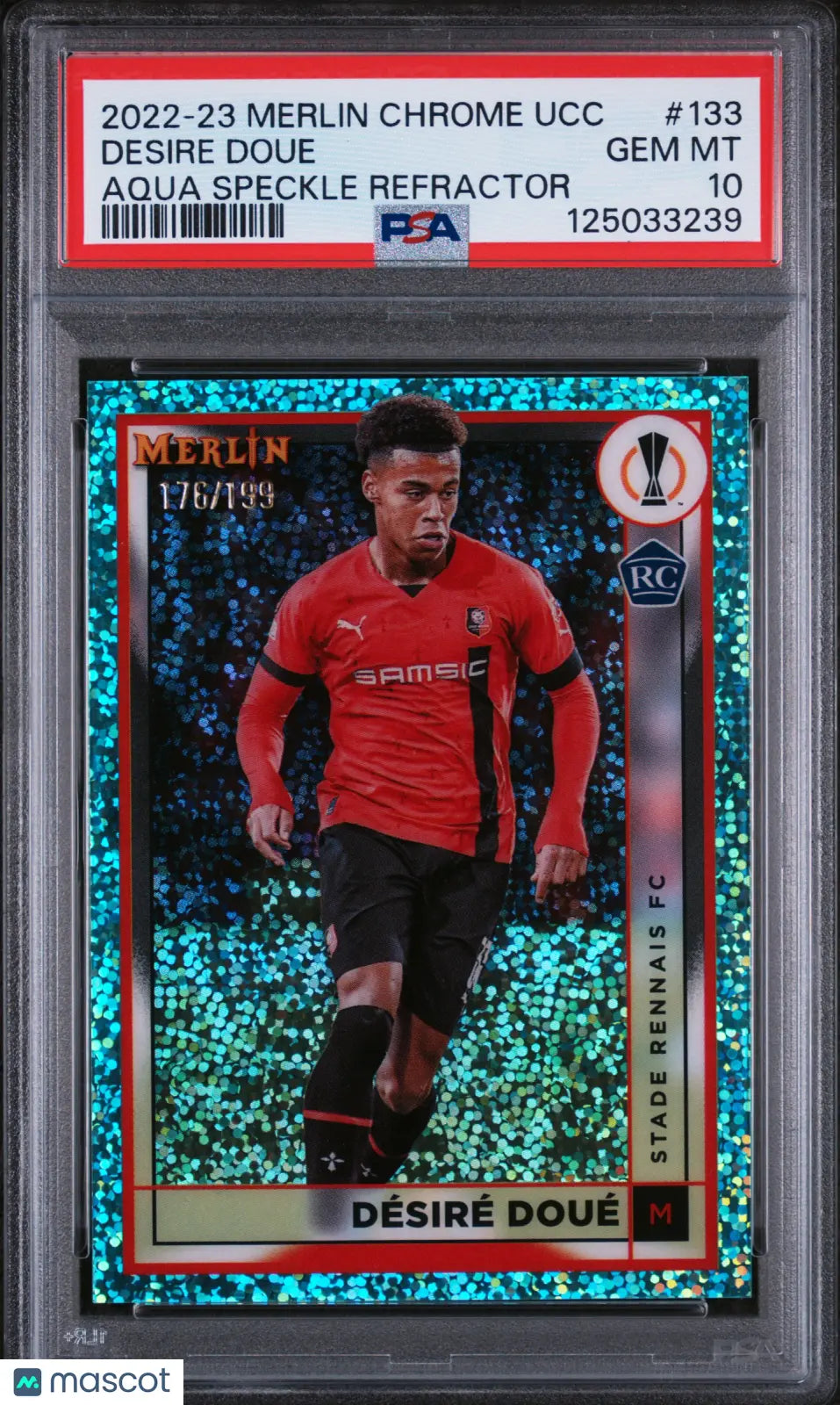 Desire Doue PSA 10 /199 RC Rookie 2022-23 Merlin Chrome UCC Aqua Speckle 